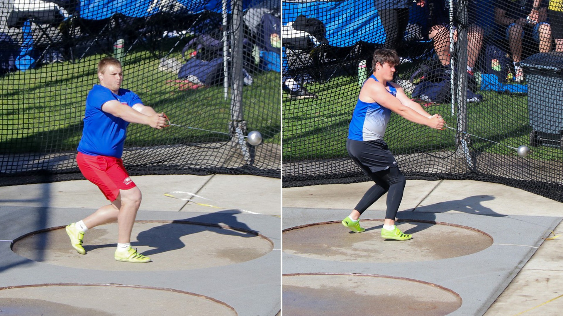 Collage of two photos of Reznor Rokicki and Kevin Vigneault Throwing the Hammer