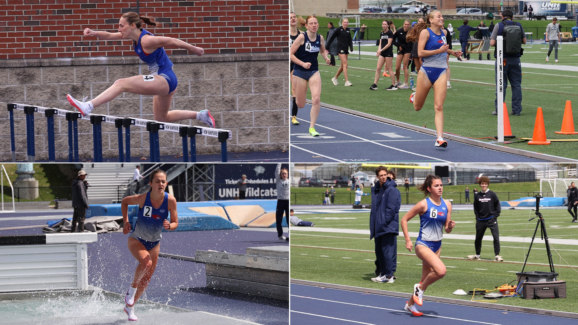 Collage of Lauren Long Running, Kathryn Perone Hurdling, Katharine Cottone Running, and Izzy McIntyre Running