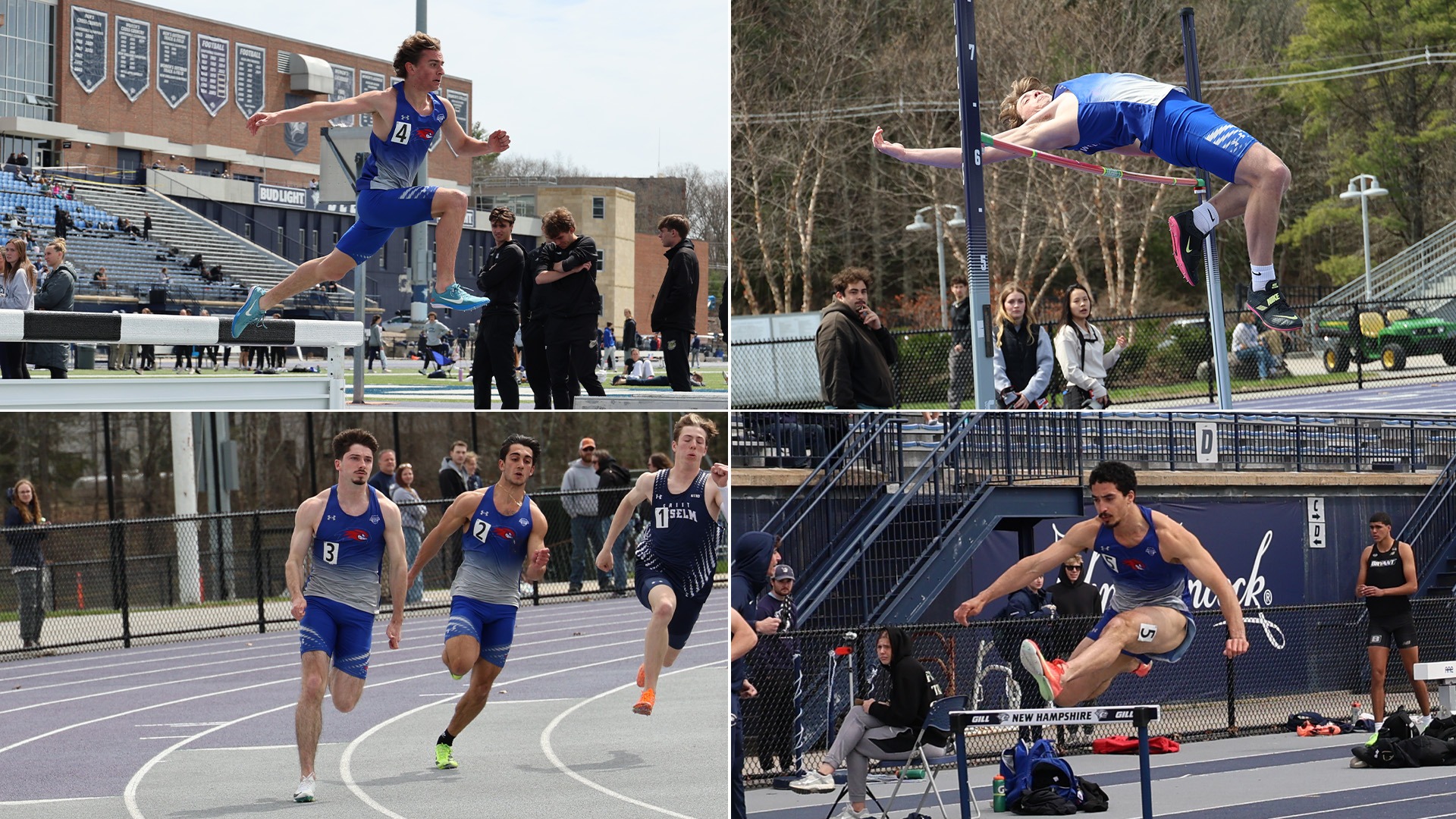 Collage of Daniel Kennedy Running, John Kivlan High Jumping, Alejandro Lynch Hurdling, and JJ Rooney Jumping in Steeplechase