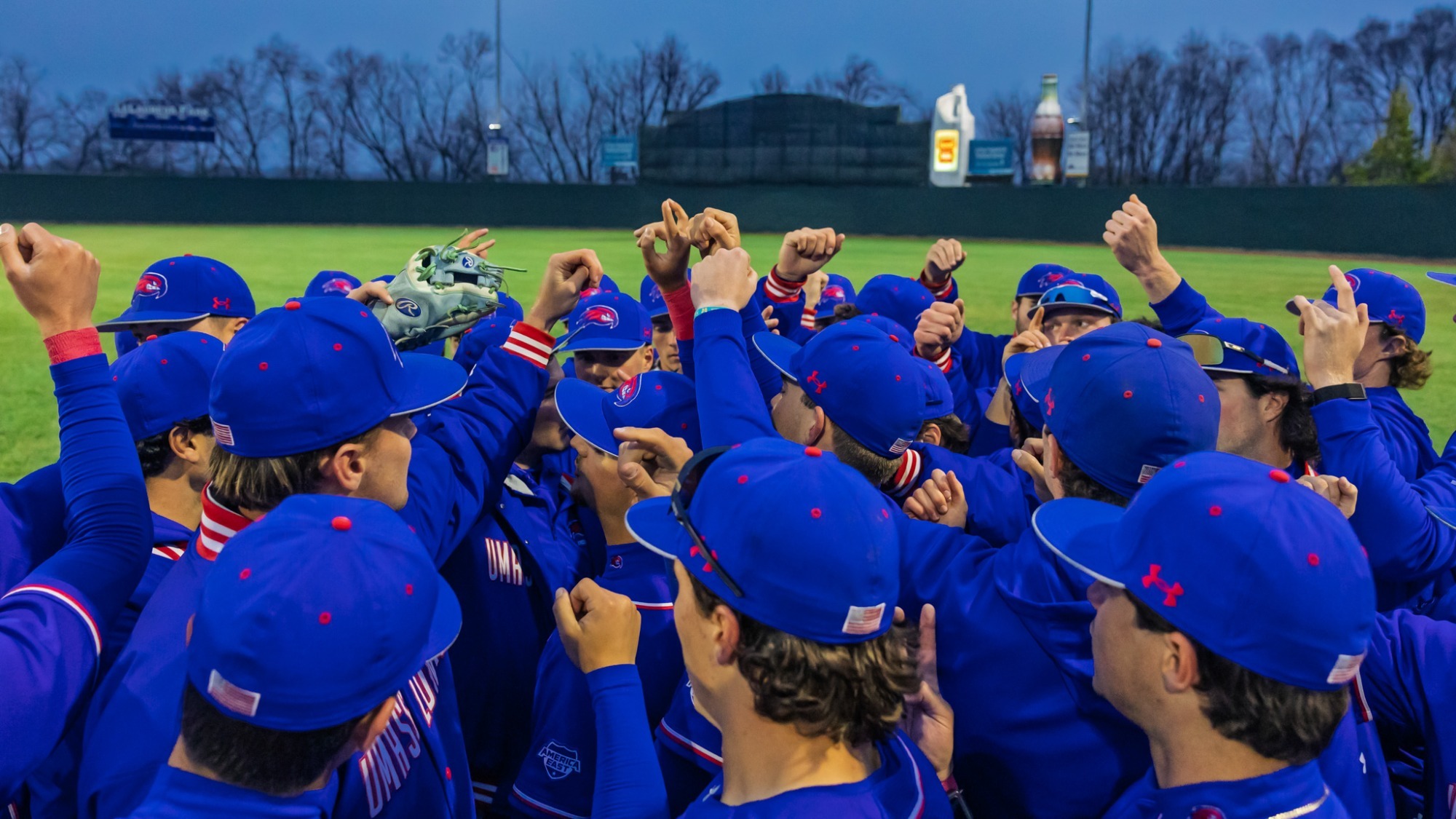 UMass Lowell Baseball Team Huddle with all the players following the end of the game against Dartmouth on March 31 