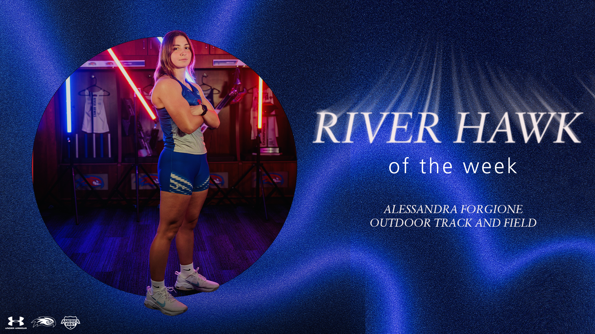 A graphic showing Alessandra Forgione of the outdoor track and field team and text announcing she is the River Hawk of the Week