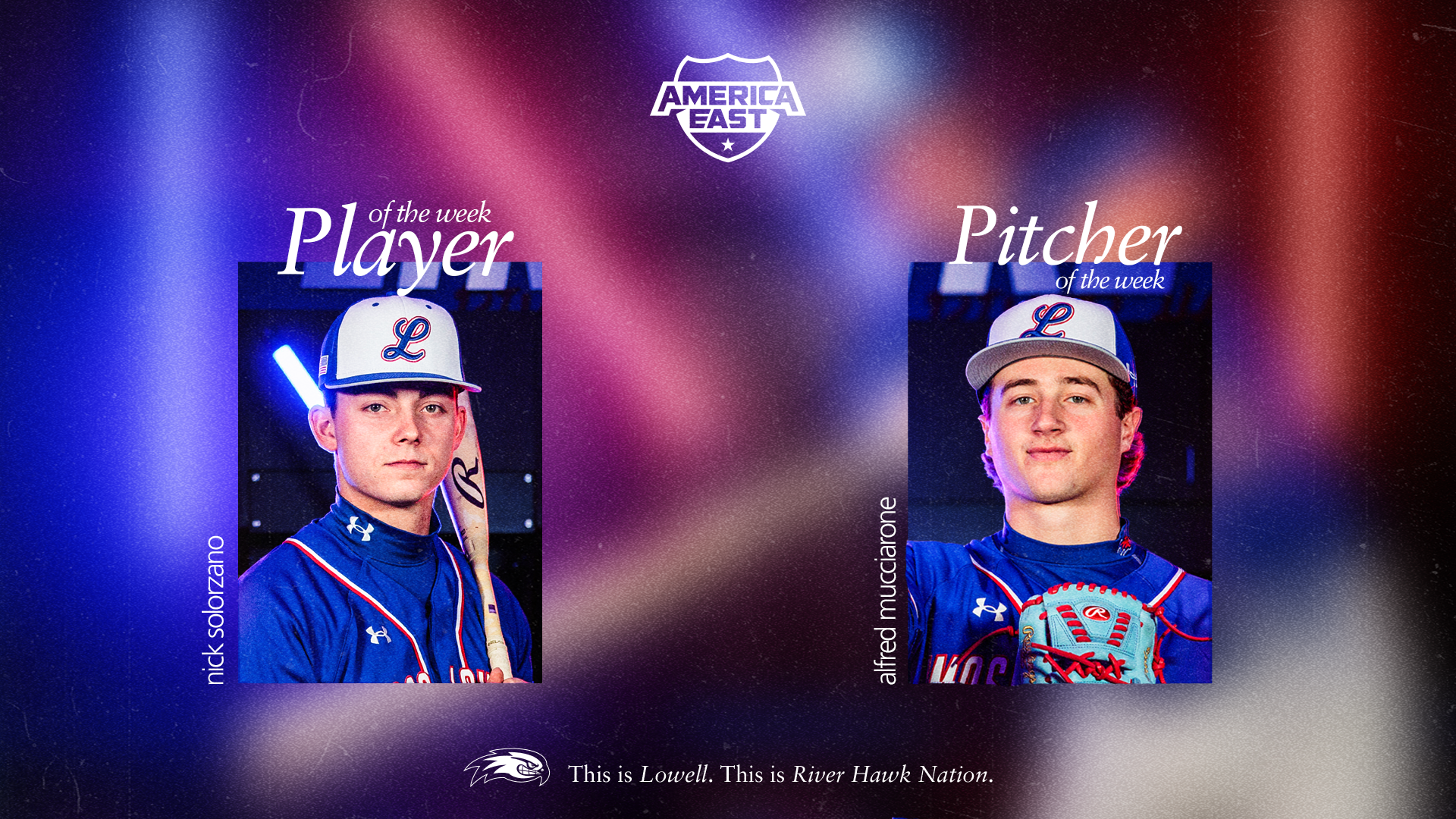Two UMass Lowell baseball players on a graphic honoring their recognition apart of the America East baseball weekly awards 