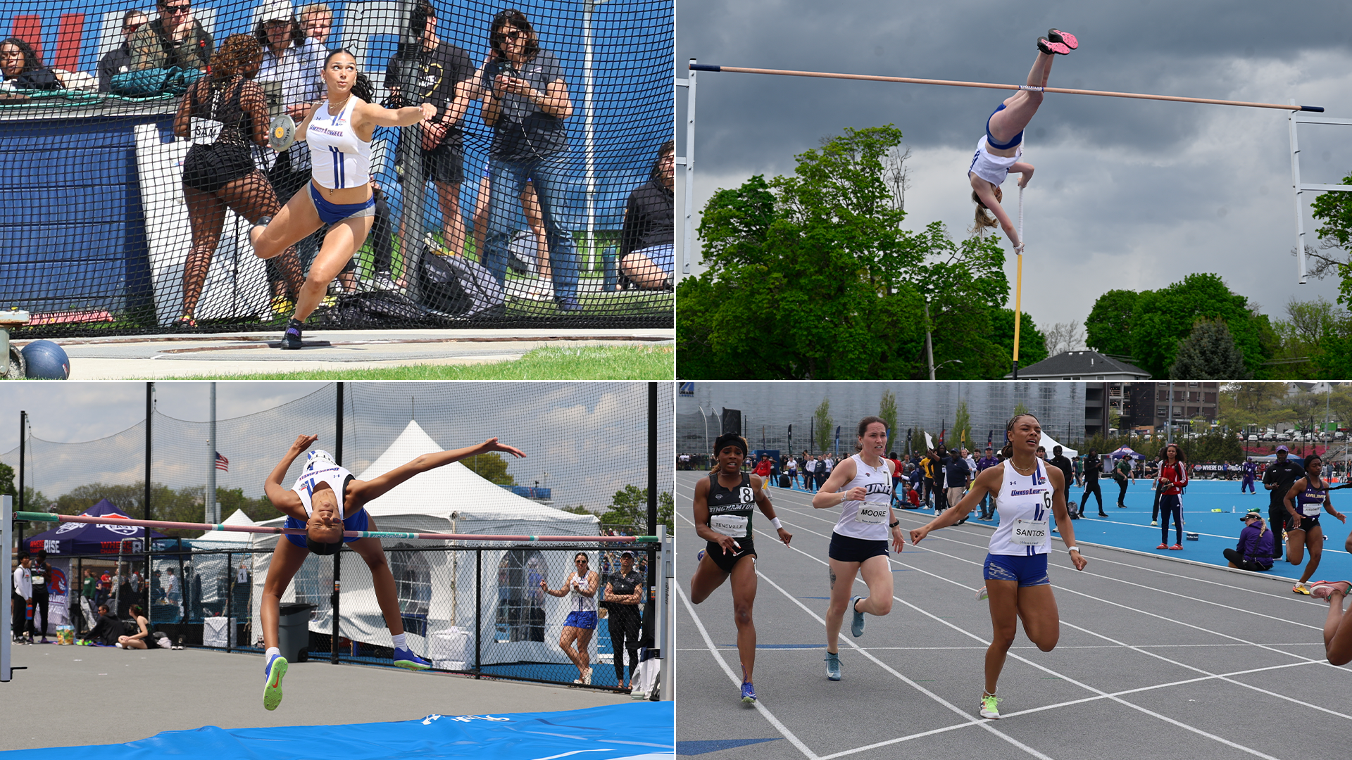 Collage of Jayani Santos Running, Zoe Clarke throwing discus, Una Brice in Pole Vault, and Avery Pitts in High Jump