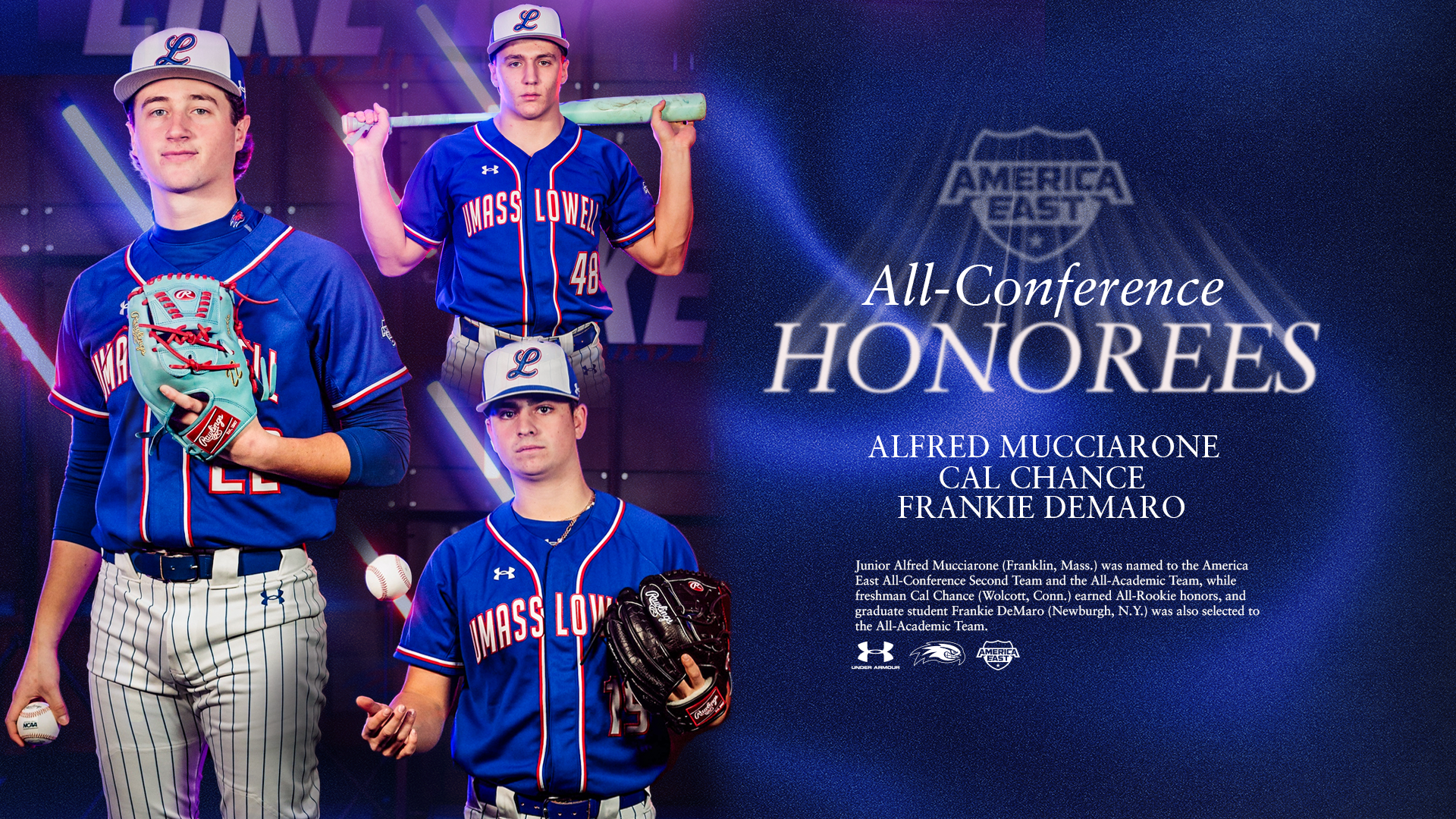 UMass Lowell baseball players on a graphic honoring their recognition for being selected as America East All-Conference Honorees