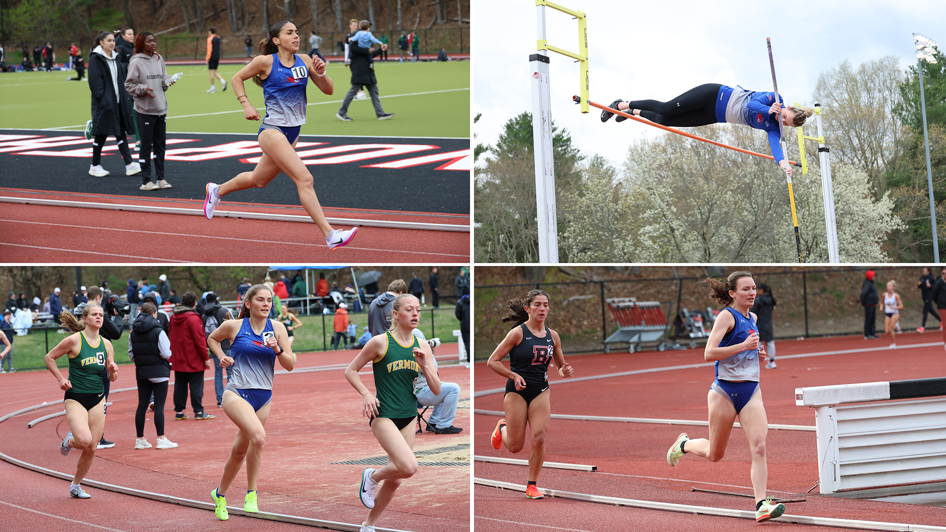Photos of Miana Caraballo, Mia Jones, and Delaney Swanson Running, and Una Brice Pole Vaulting