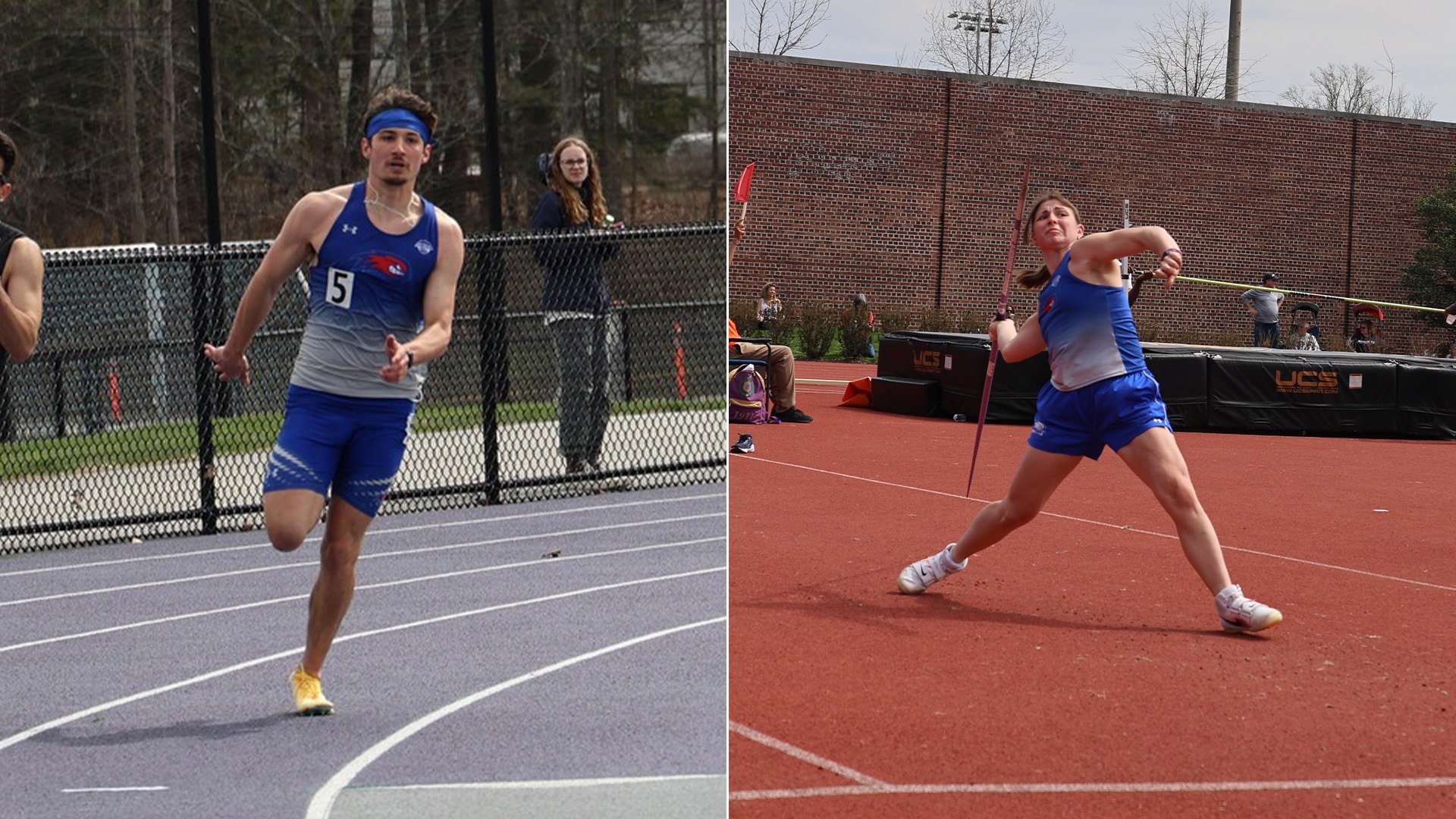 Photo of Michael Fisher running and Alessandra Forgione throwing the javelin