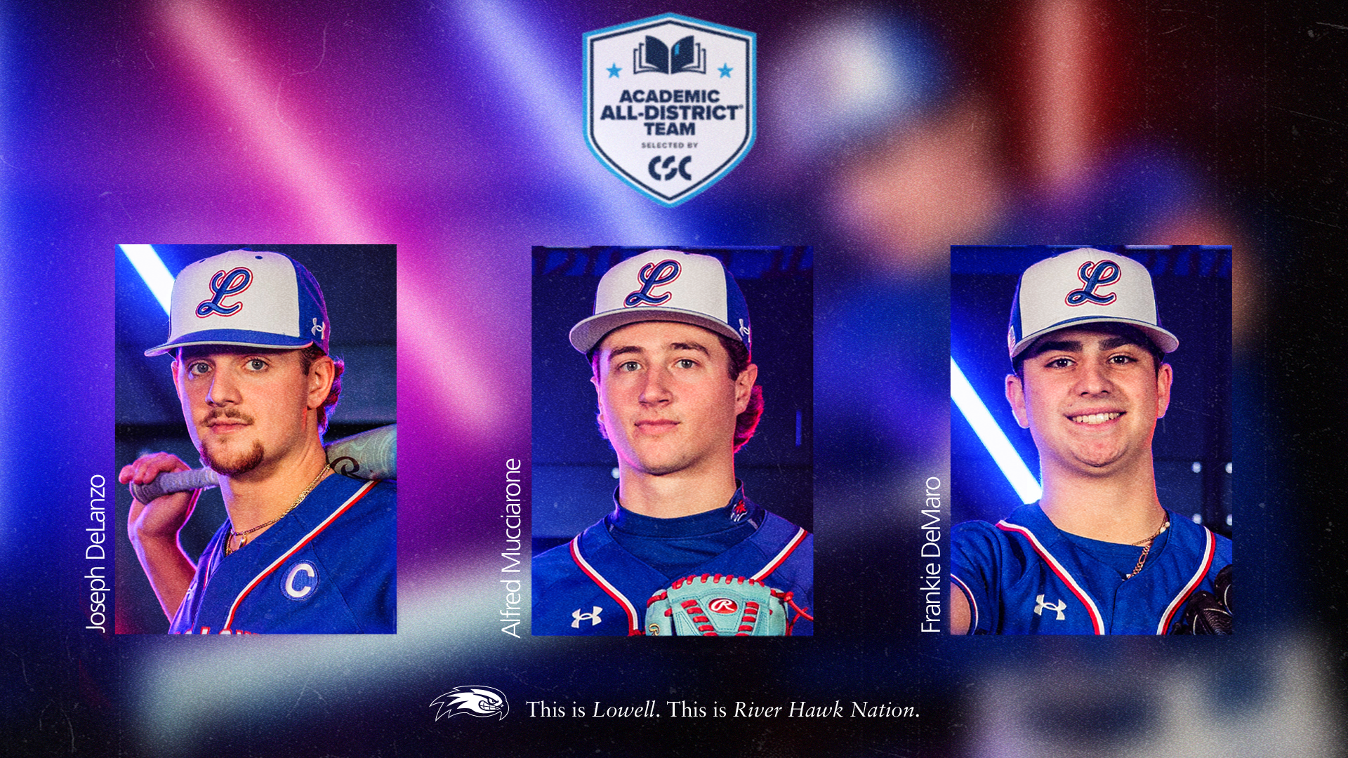 A graphic featuring three UMass Lowell baseball players who were selected to the 2026 CSC Academic All-District Team