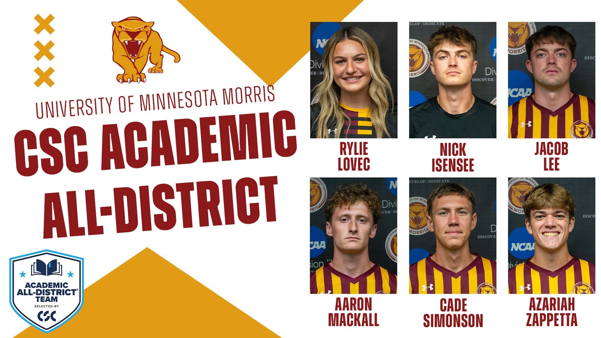 University of Minnesota Morris CSC Academic All-District Rylie Lovec Nick Isensee Jacob Lee Aaron Mackall Cade Simonson Azariah Zappetta