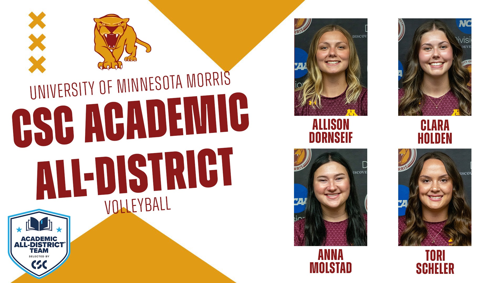 University of Minnesota Morris CSC Academic All District Volleyball Allison Dornseif Clara Holden Anna Molstad Tori Scheler