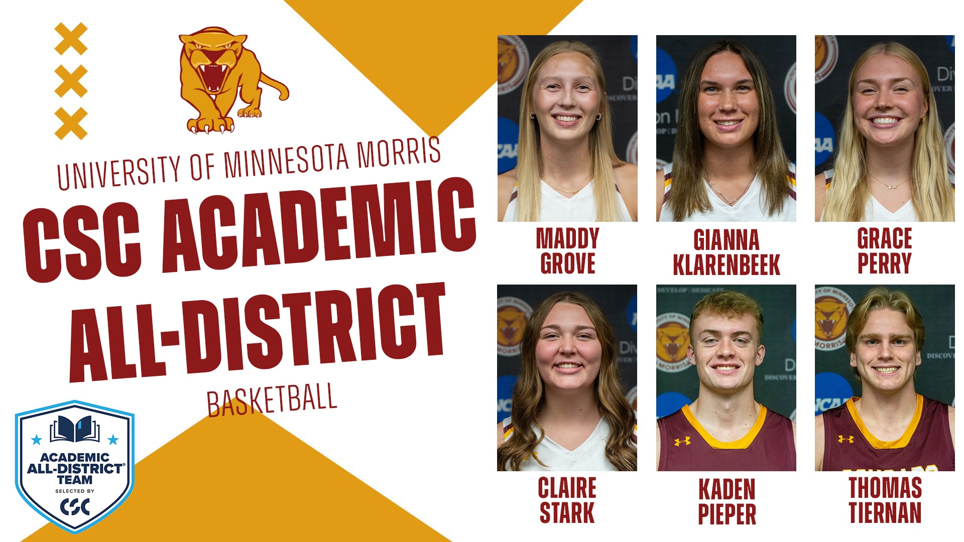 University of Minnesota Morris CSC Academic All-District Basketball Maddy Grove Gianna Klarenbeek Grace Perry Claire Stark Kaden Pieper Thomas Tiernan