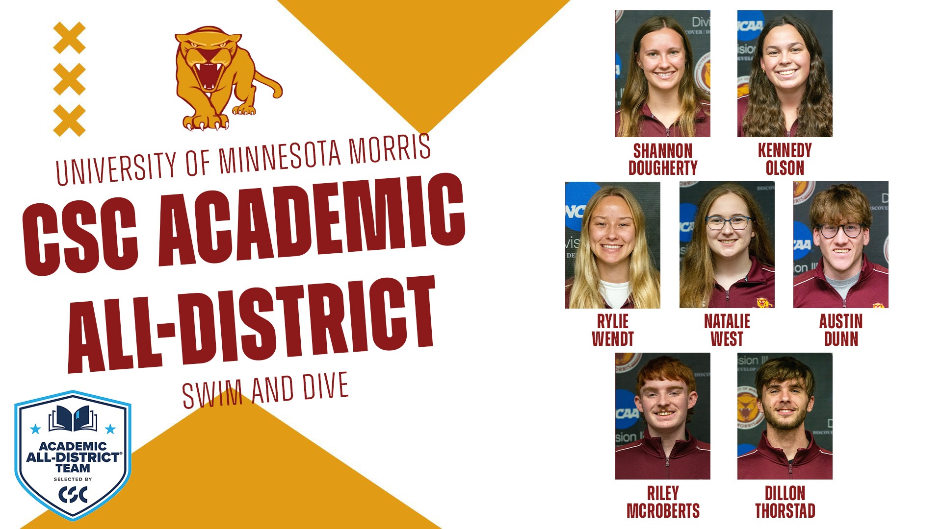 University of Minnesota Morris CSC Academic All-District Swim and Dive Shannon Dougherty Kennedy Olson Rylie Wendt Natalie West Austin Dunn Riley McRoberts Dillon Thorstad