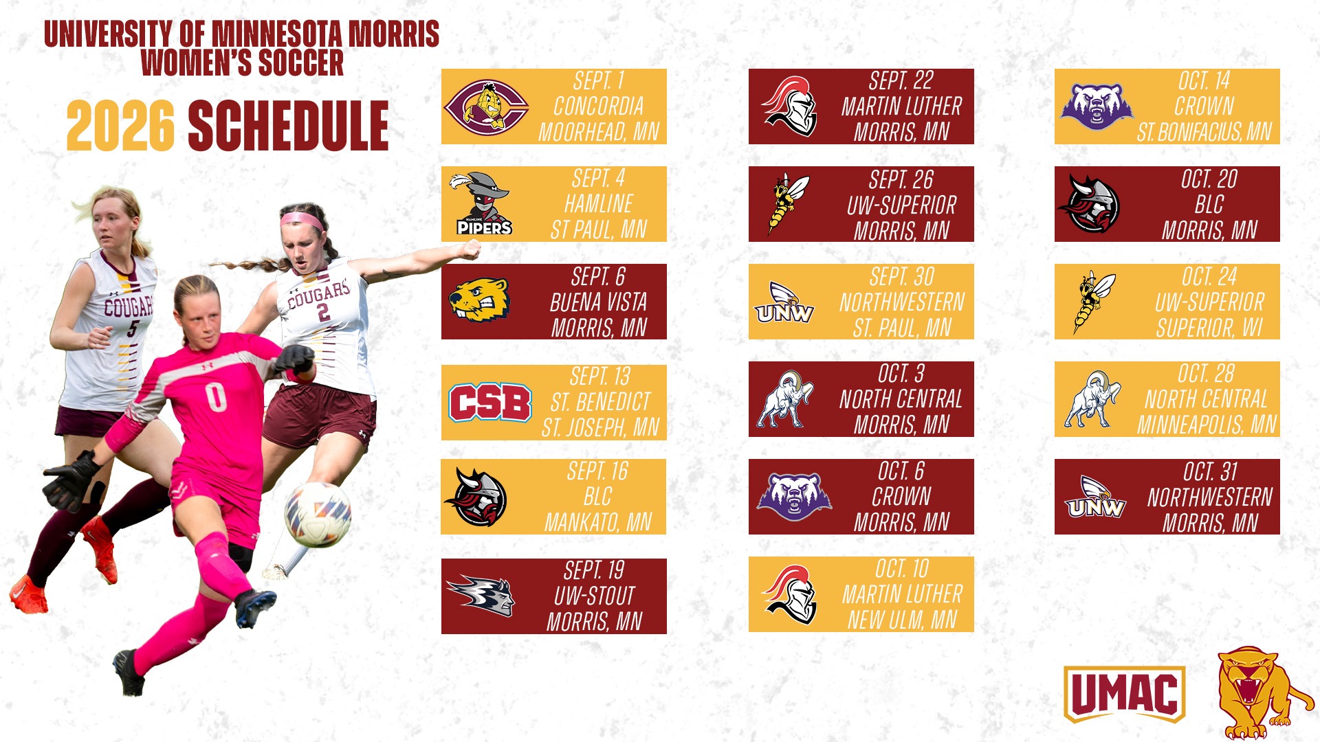 University of Minnesota Morris Women's Soccer 2026 Schedule UMAC
