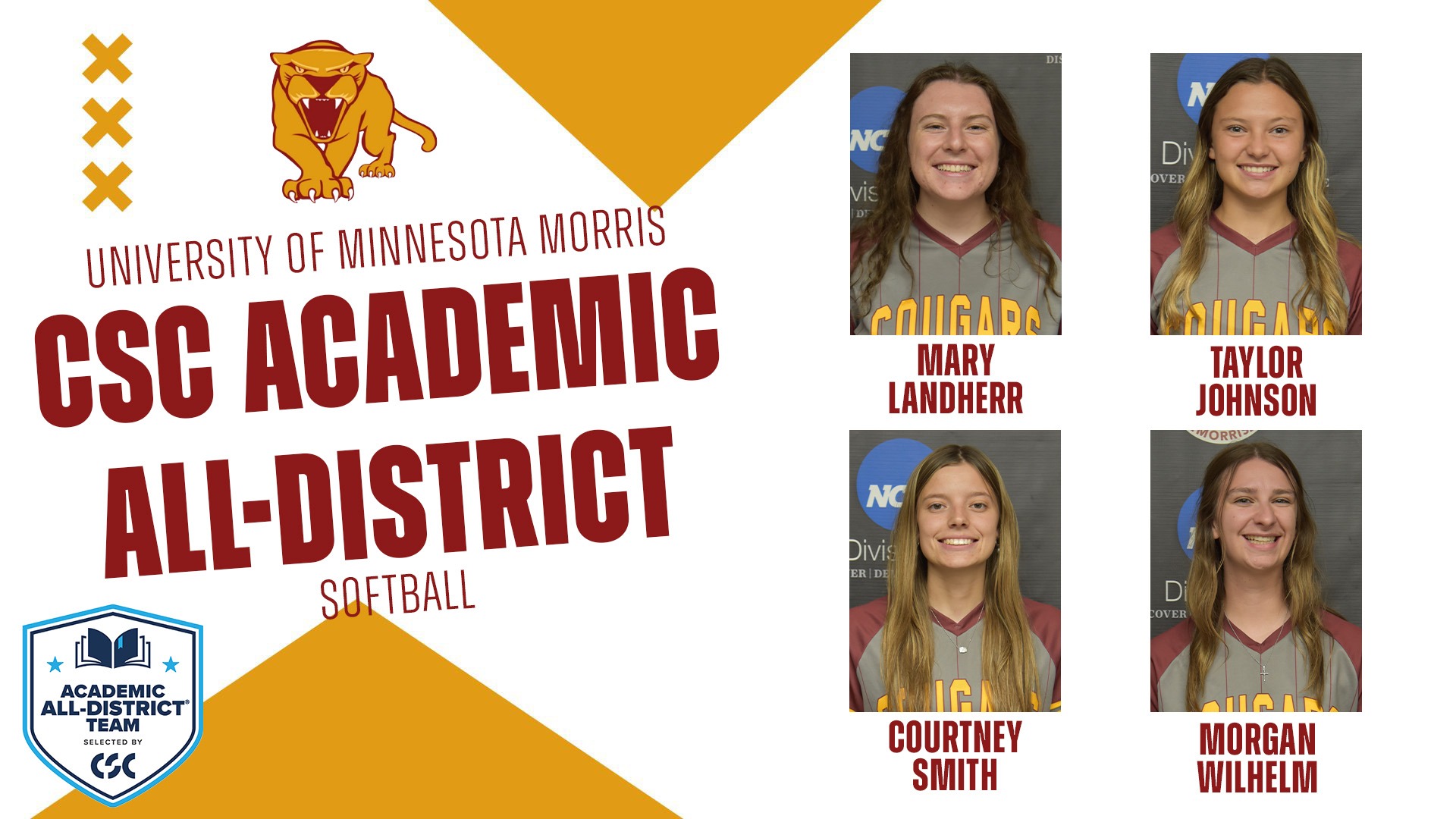University of Minnesota Morris CSC Academic All-District Softball Mary Landherr Taylor Johnson Courtney Smith Morgan Wilhelm