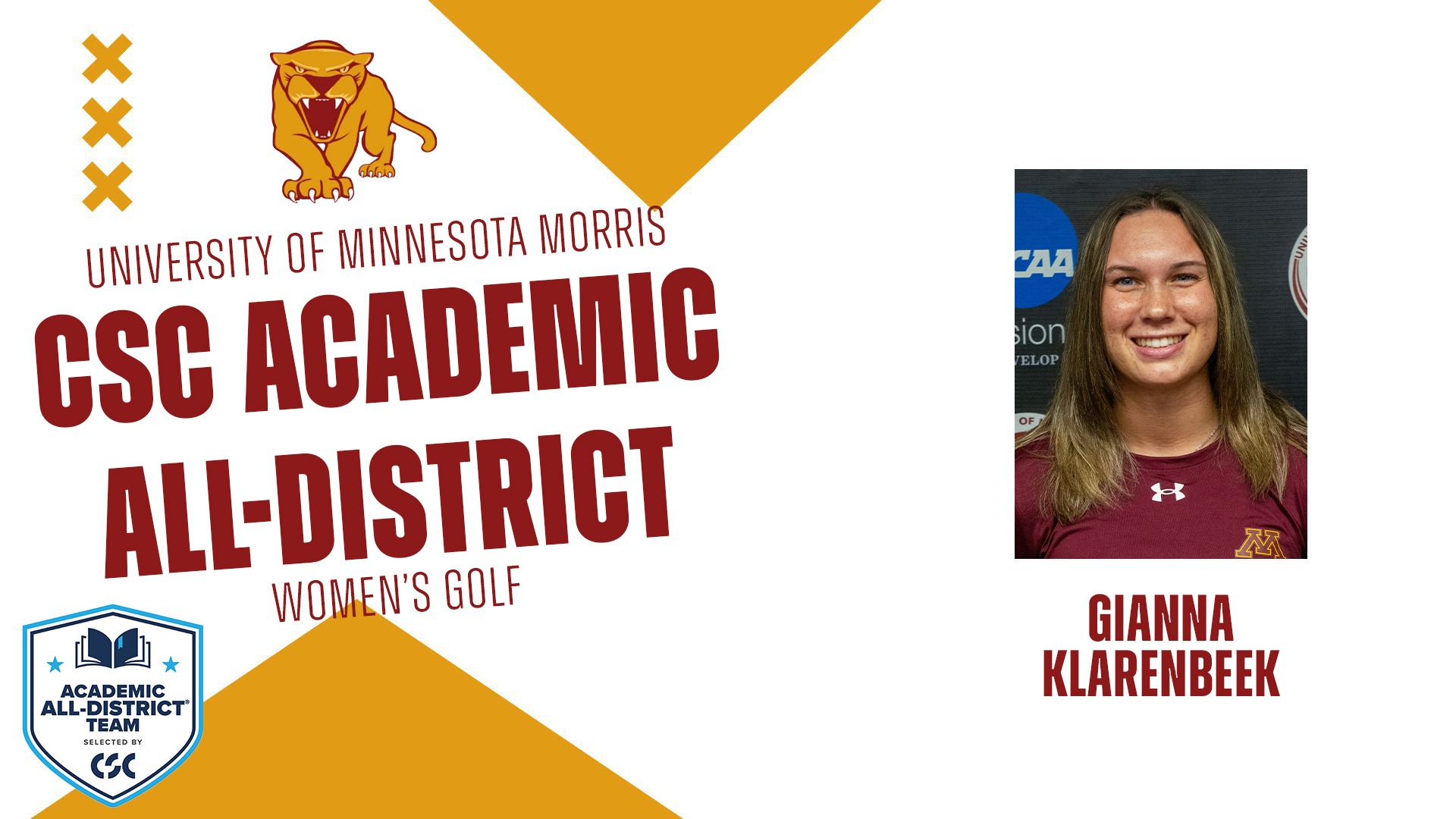 University of Minnesota Morris CSC Academic All-District Women's Golf Gianna Klarenbeek