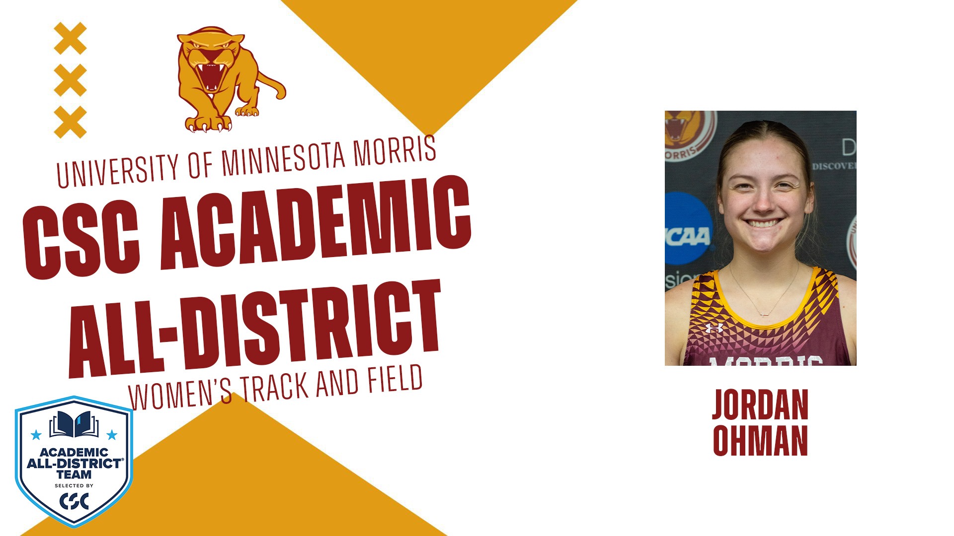 University of Minnesota Morris CSC Academic All-District Women's Track and Field Jordan Ohman