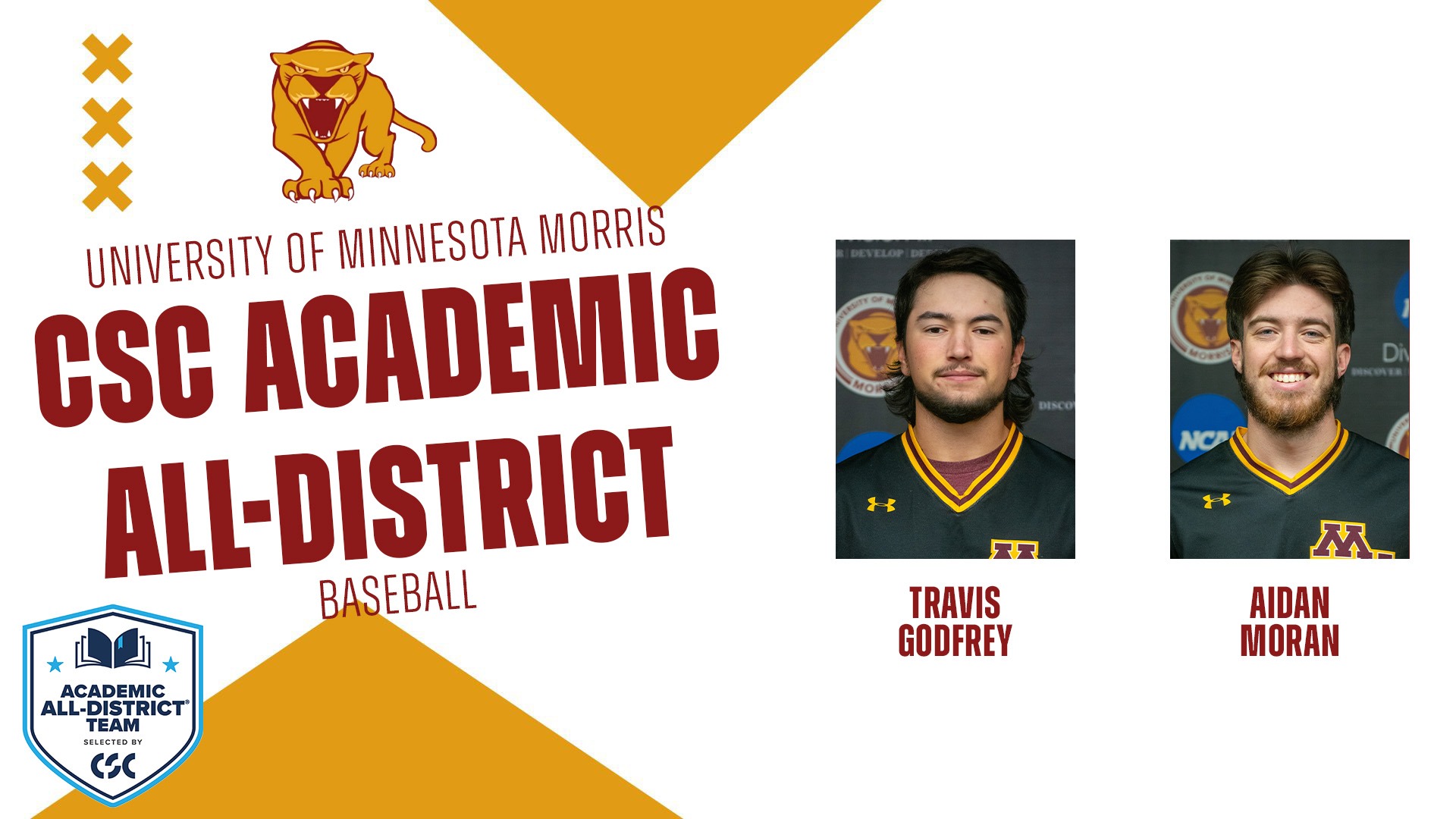 University of Minnesota Morris CSC Academic All-District Baseball Travis Godfrey Aidan Moran