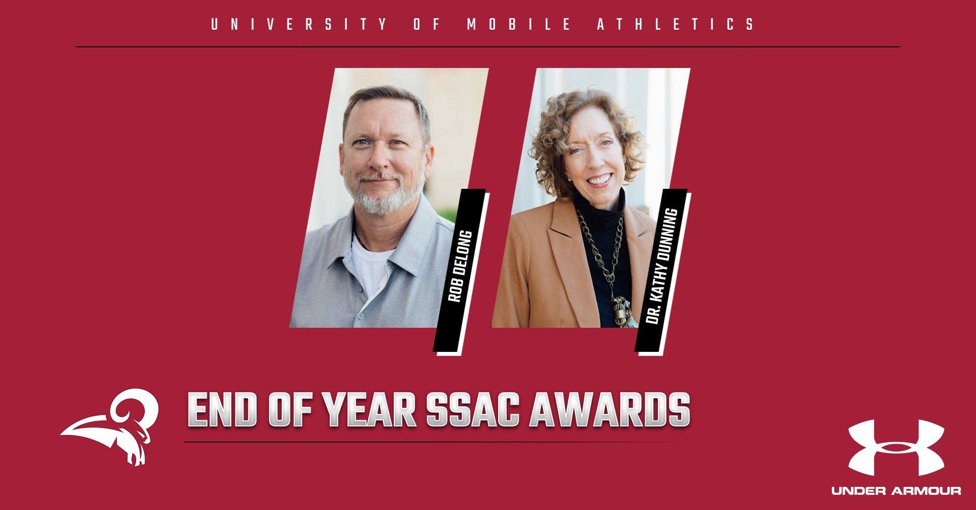 SSAC End of Year Awards Graphic featuring Faculty Athletics Representative Dr. Kathy Dunning and Head Athletic Trainer Rob DeLong