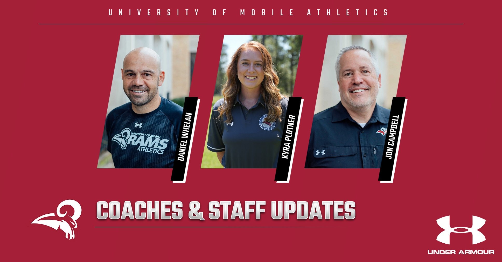 New Staff Announcement Graphic featuring Men's Soccer Head Coach Daniel Whelan, Head Men's and Women's Golf Coach Kyra Plotner, and New Associate Athletic Director/Volleyball Head Coach Jon Campbell