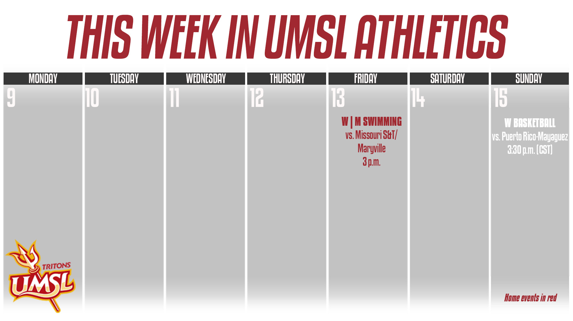 UMSL Athletics Weekly Calender of Events for Dec. 9 - Dec. 15