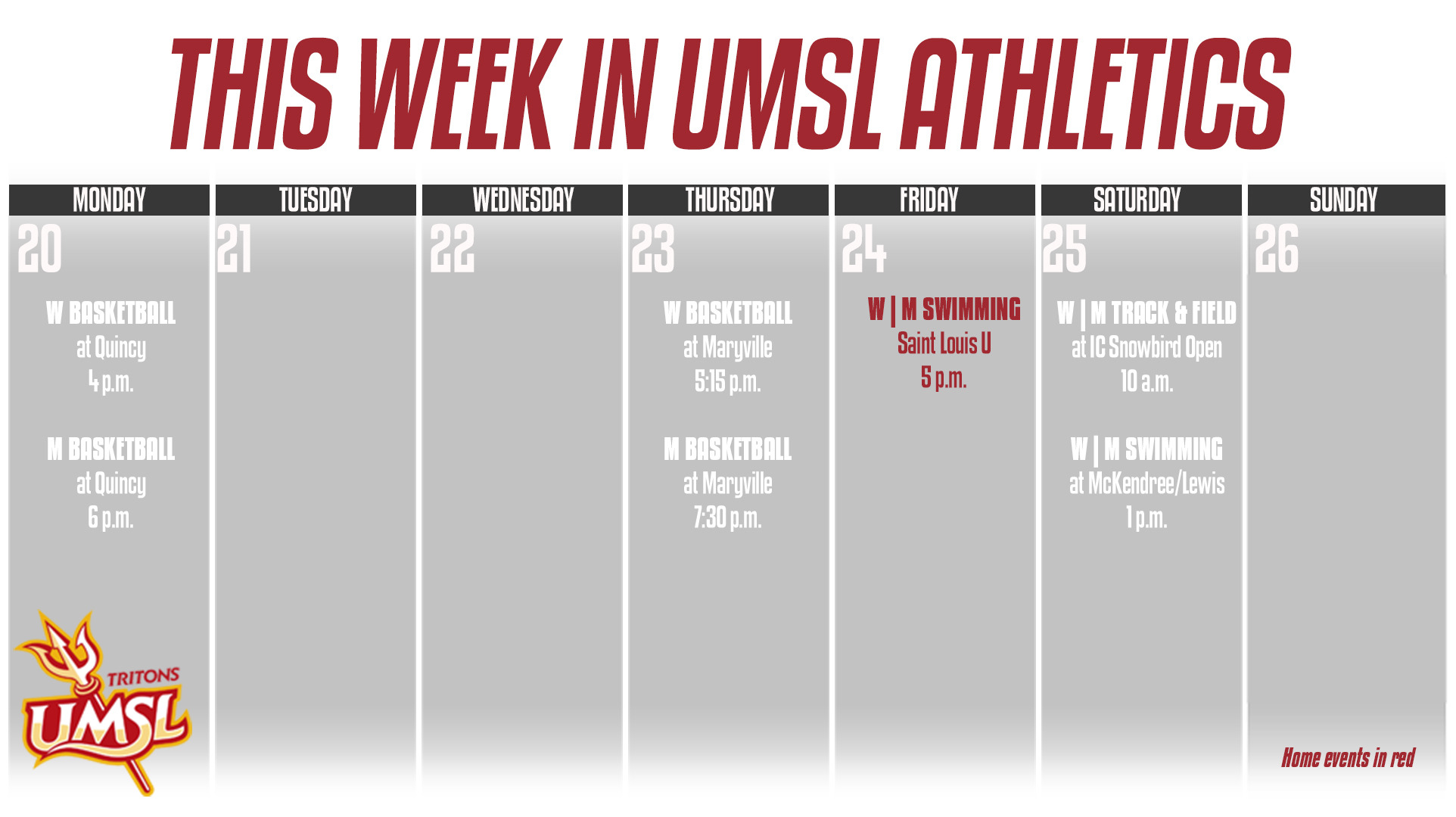 This Week's UMSL Athletics Calender for the Week of Jan. 20 - 26, 2025
