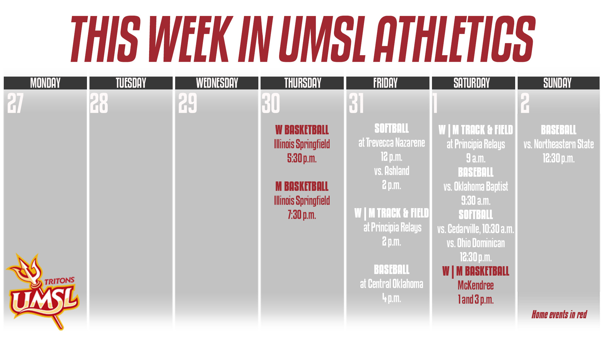 This Week's UMSL Athletics Calender for the Week of January 27 - Feb. 2