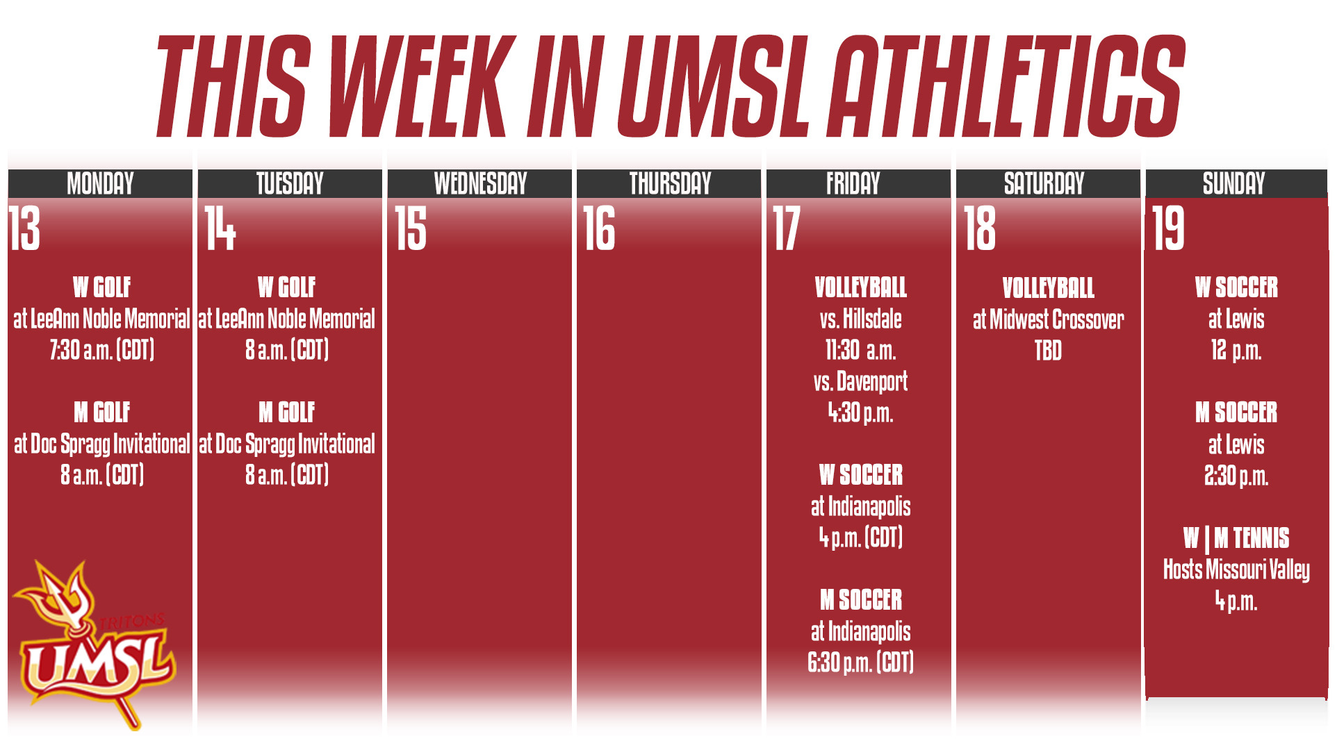 Weekly Calender of UMSL Athletics for October 13-19
