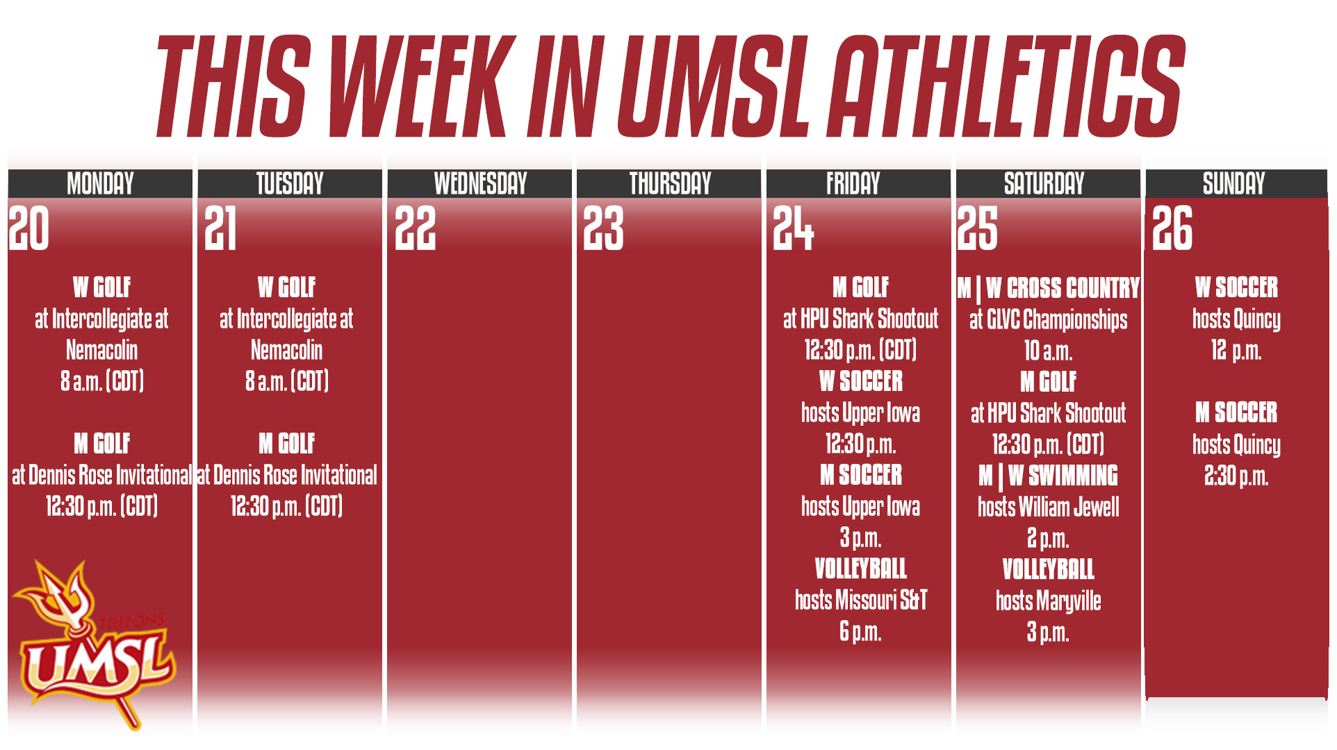 UMSL Athletic Calender of Events for week of October 20 - 26