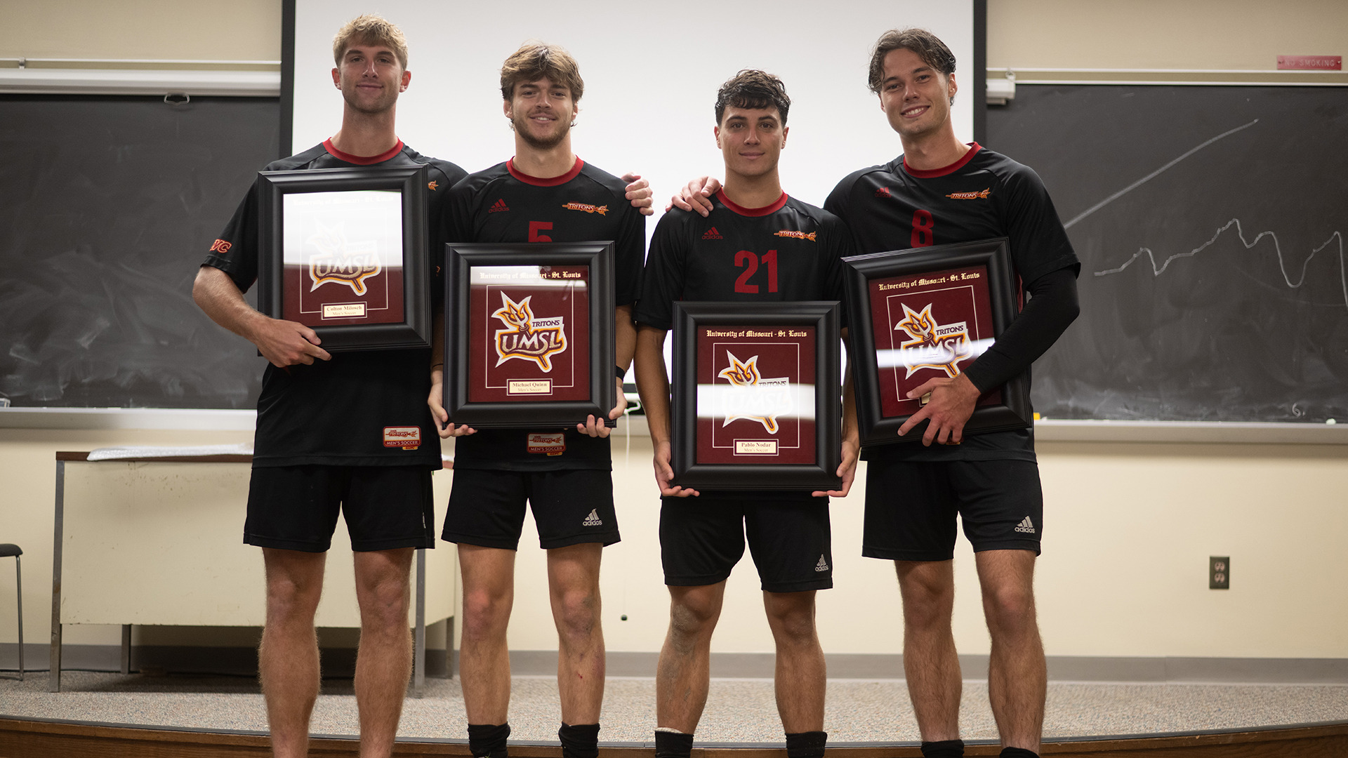 UMSL Men's Soccer Seniors (L-R): Colton Milosch, Michael Quinn, Pablo Nodar and Kyler Sorber.
