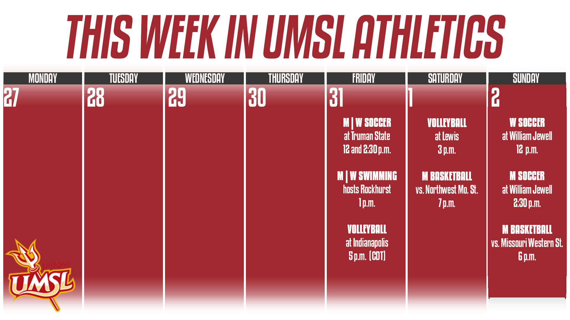 Weekly UMSL Athletic Calendar of Events for the Week of October 27 - November 3