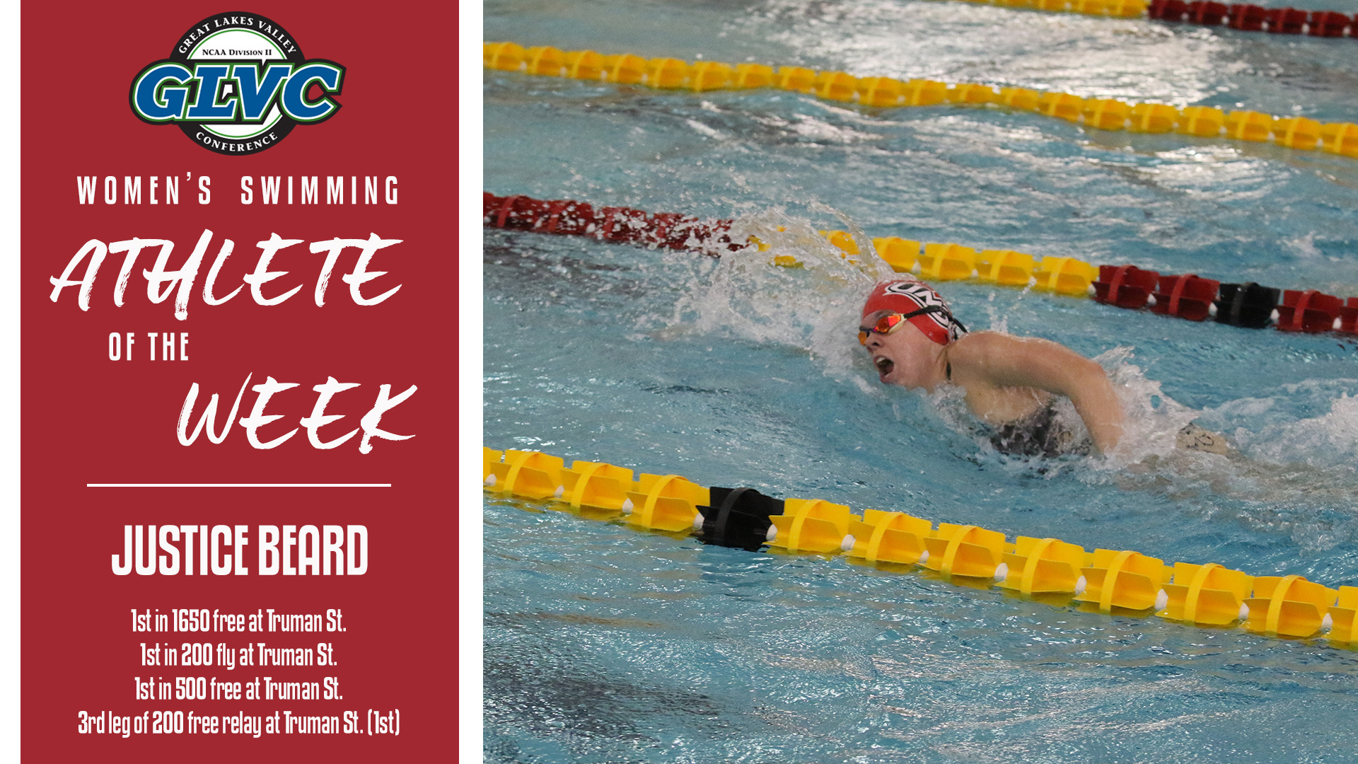 Justice Beard named GLVC/Athletic Solutions Women's Swimming Athlete of the Week (Nov. 12, 2025)