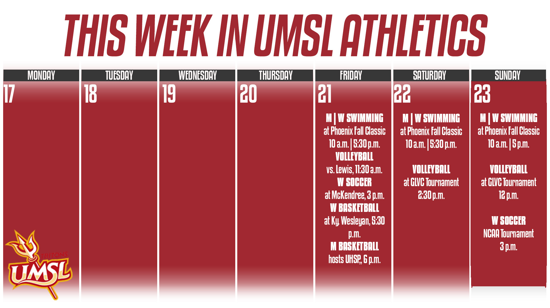 Weekly UMSL Athletic Calender of Events for Nov. 17 - 23