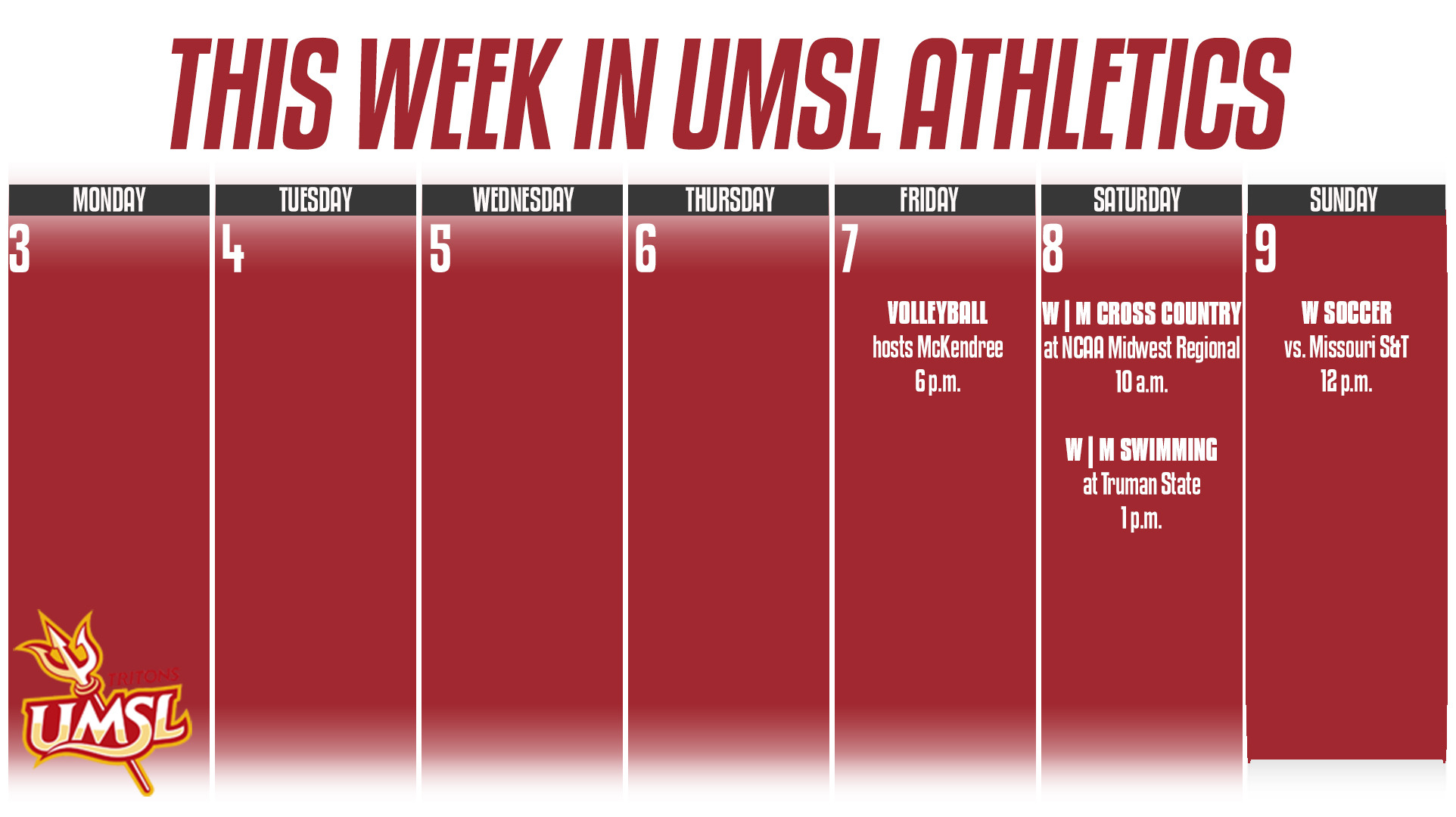 Weekly UMSL Athletic Calender of Events for Nov. 3 - 9 2025