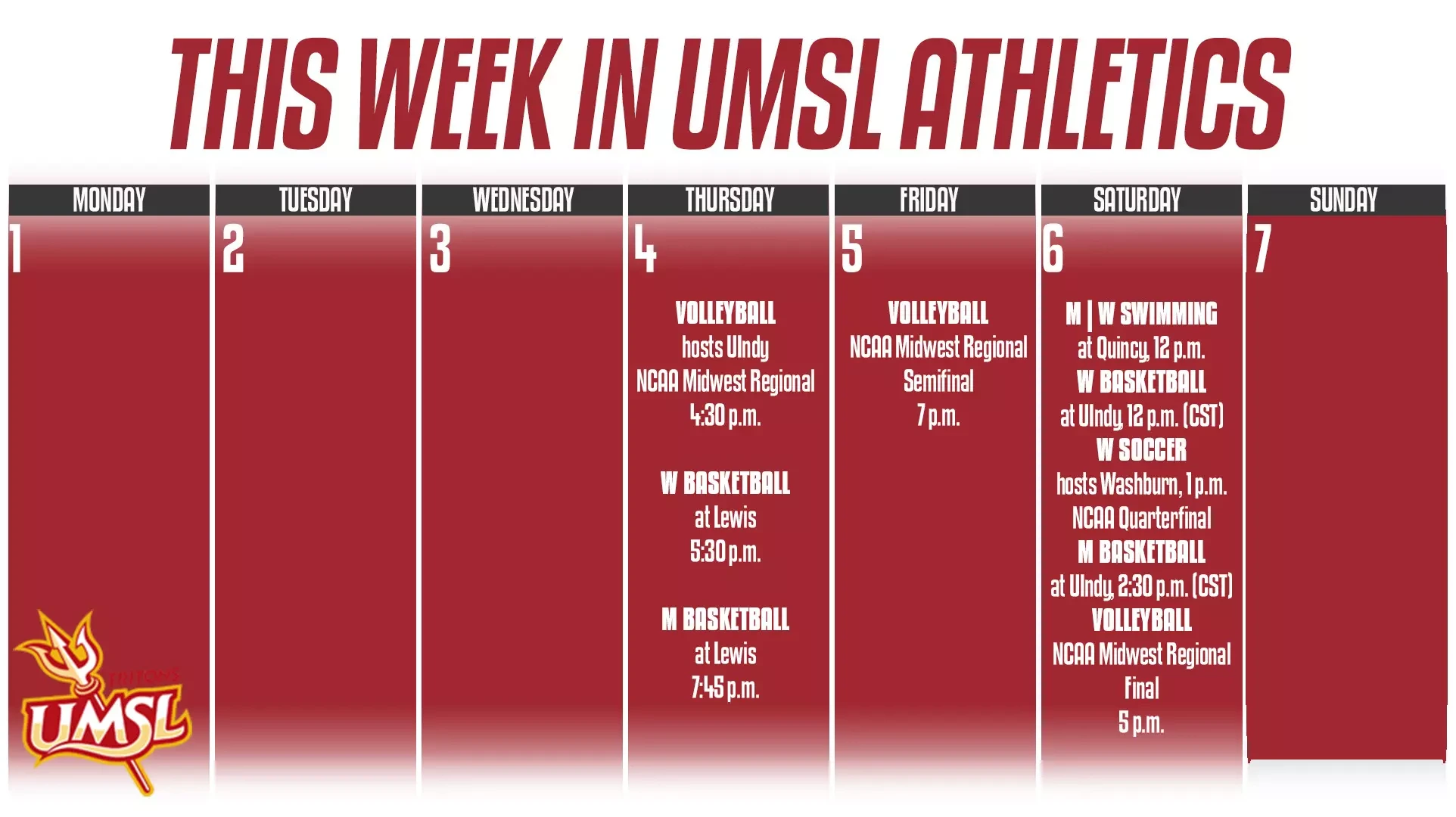 Weekly Calender of Events for UMSL Athletics For December 1 - 7