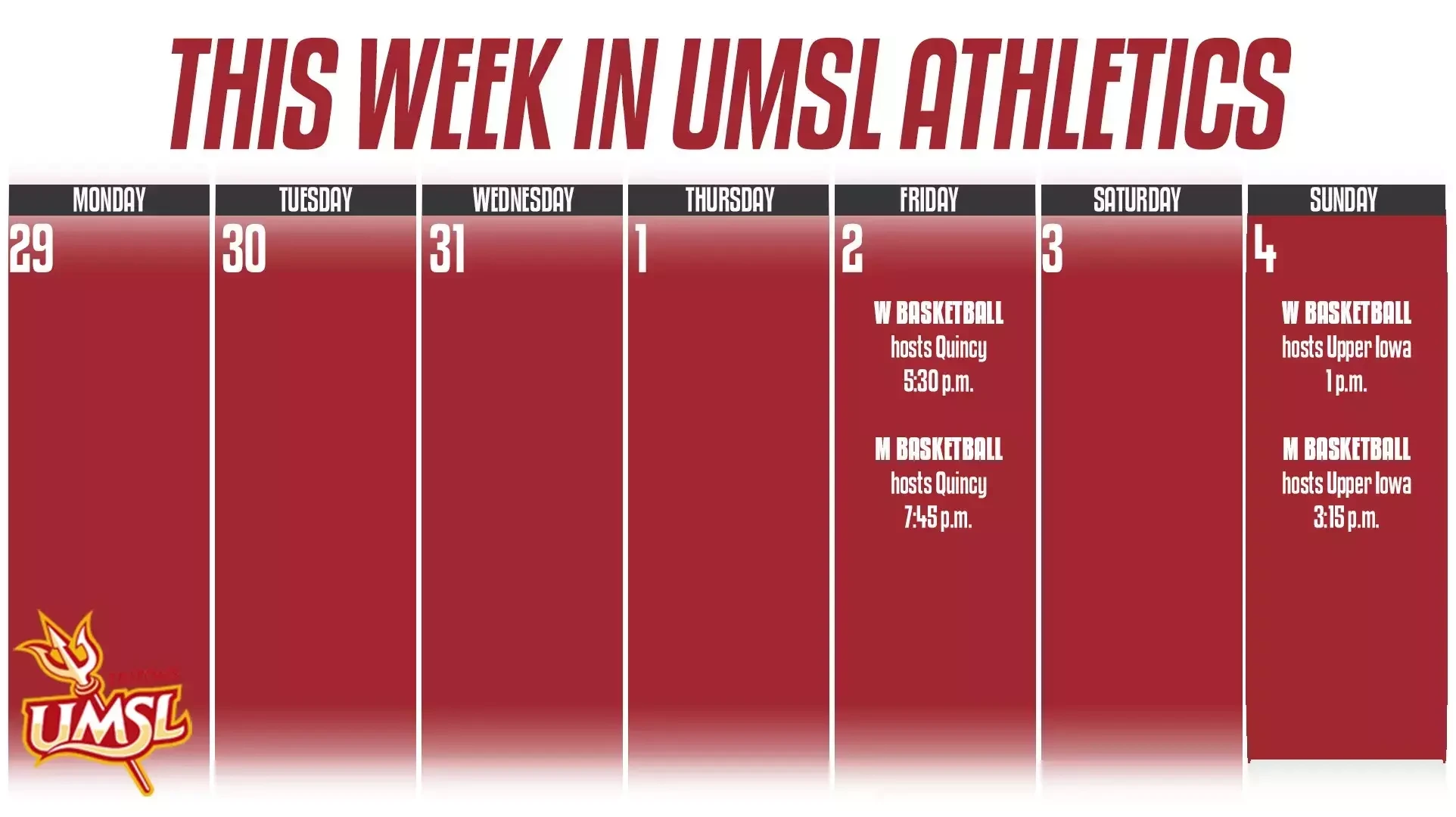 Weekly Calender of Events for UMSL Athletics For December 29 - January 4