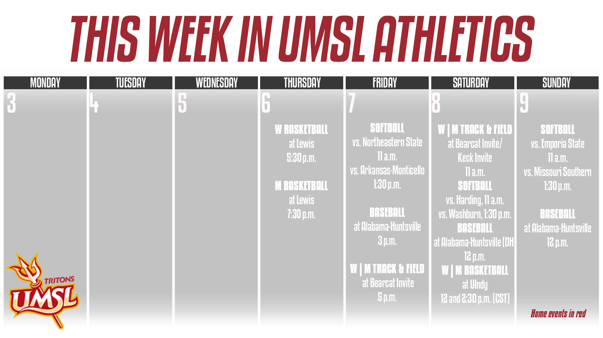 UMSL Athletics Calender for the Week of February 3-9