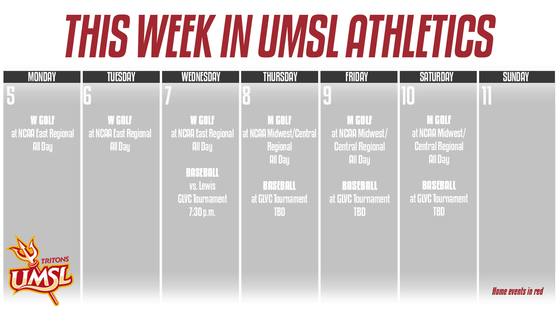 Weekly UMSL Athletics Calender for May 5-11 2025