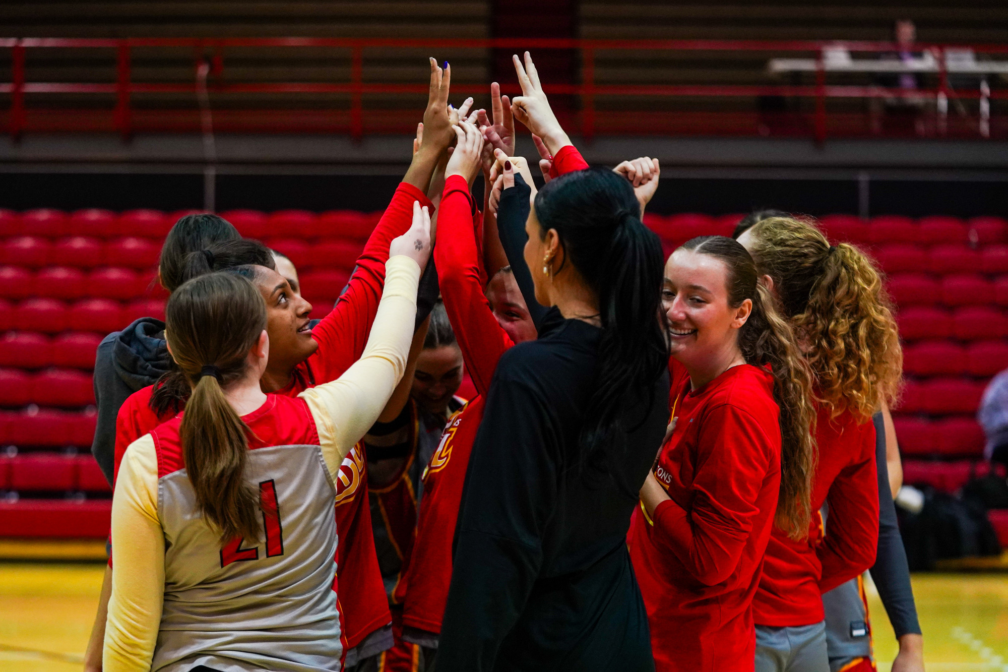 UMSL women's basketball in their pregame huddle before a game against Upper Iowa on January 4, 2026