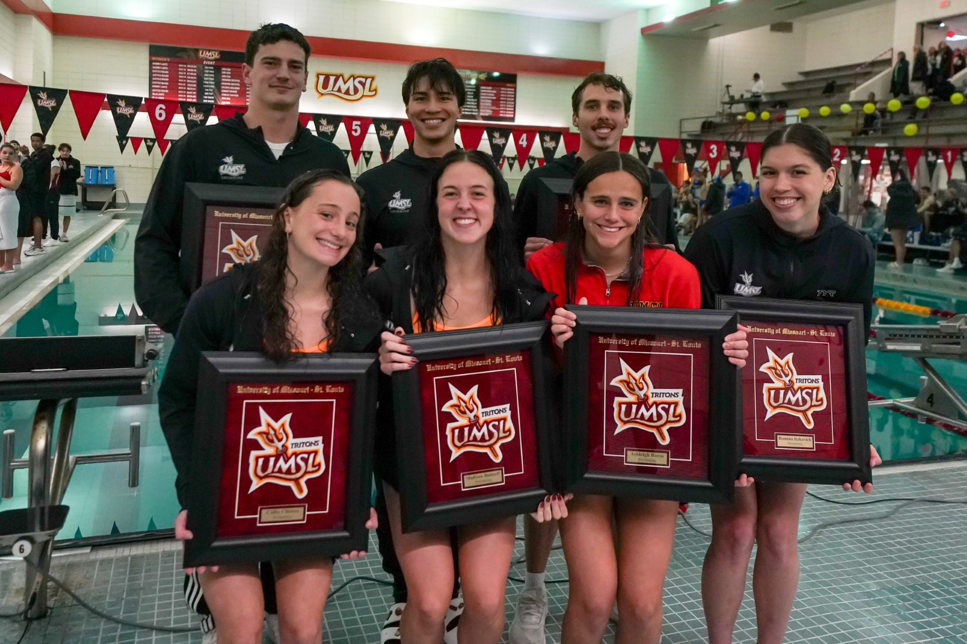 UMSL Swimming Seniors: Front Row (from left): Callie Clinton, Madison Bottorff, Ashleigh Baros and Romina Itzkovich. Back Row (from left): Joan Cortadellas Llubera, Ty Miller and Aaron Wicklund