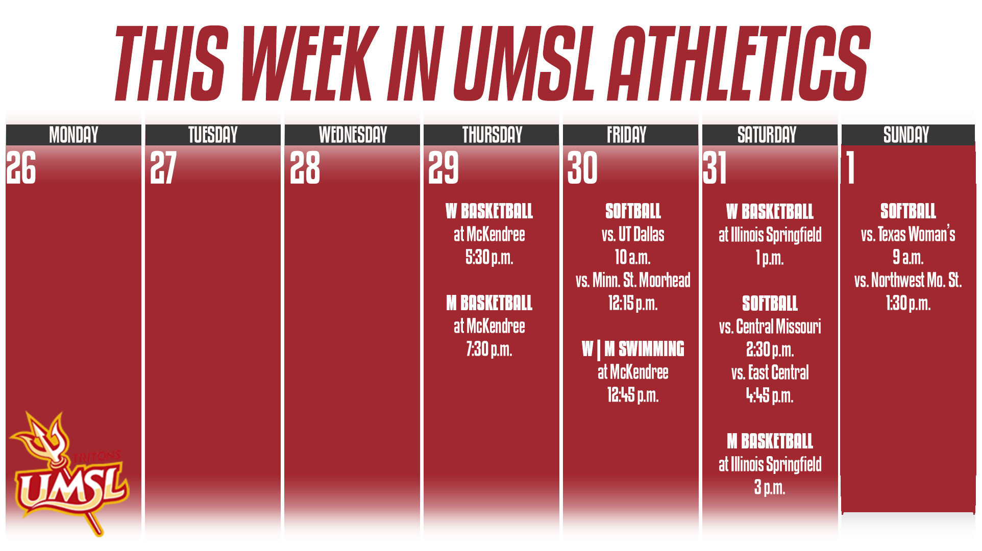 Weekly Calender of UMSL Athletic events for the week of January 26 - February 1