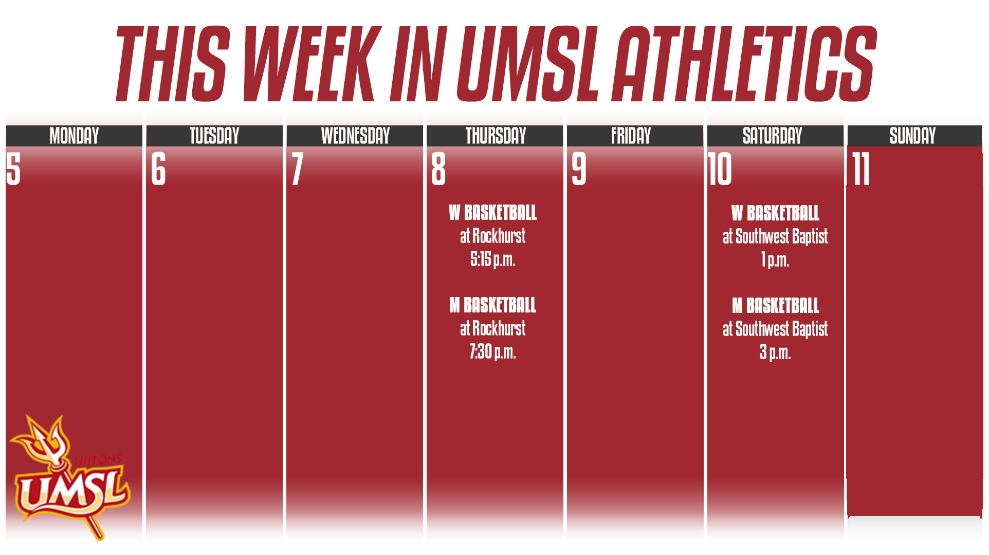 Weekly Calender of Events for UMSL Athletics For January 5 - 11, 2026