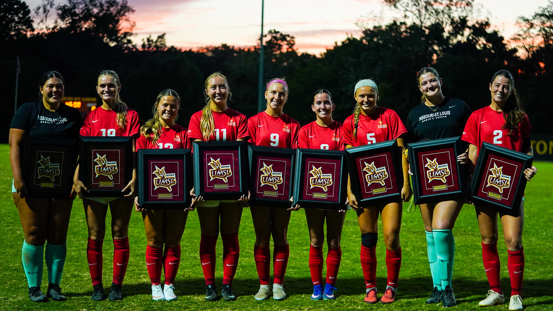 UMSL Women's Soccer seniors from left: Grace Hastert, Taylor Martin, Aubree Wallace, Ella Hickam, Julia Lammert, Rachel Skyberg, Josie Maddox, Hannah McFarlane, Maddie Clark.