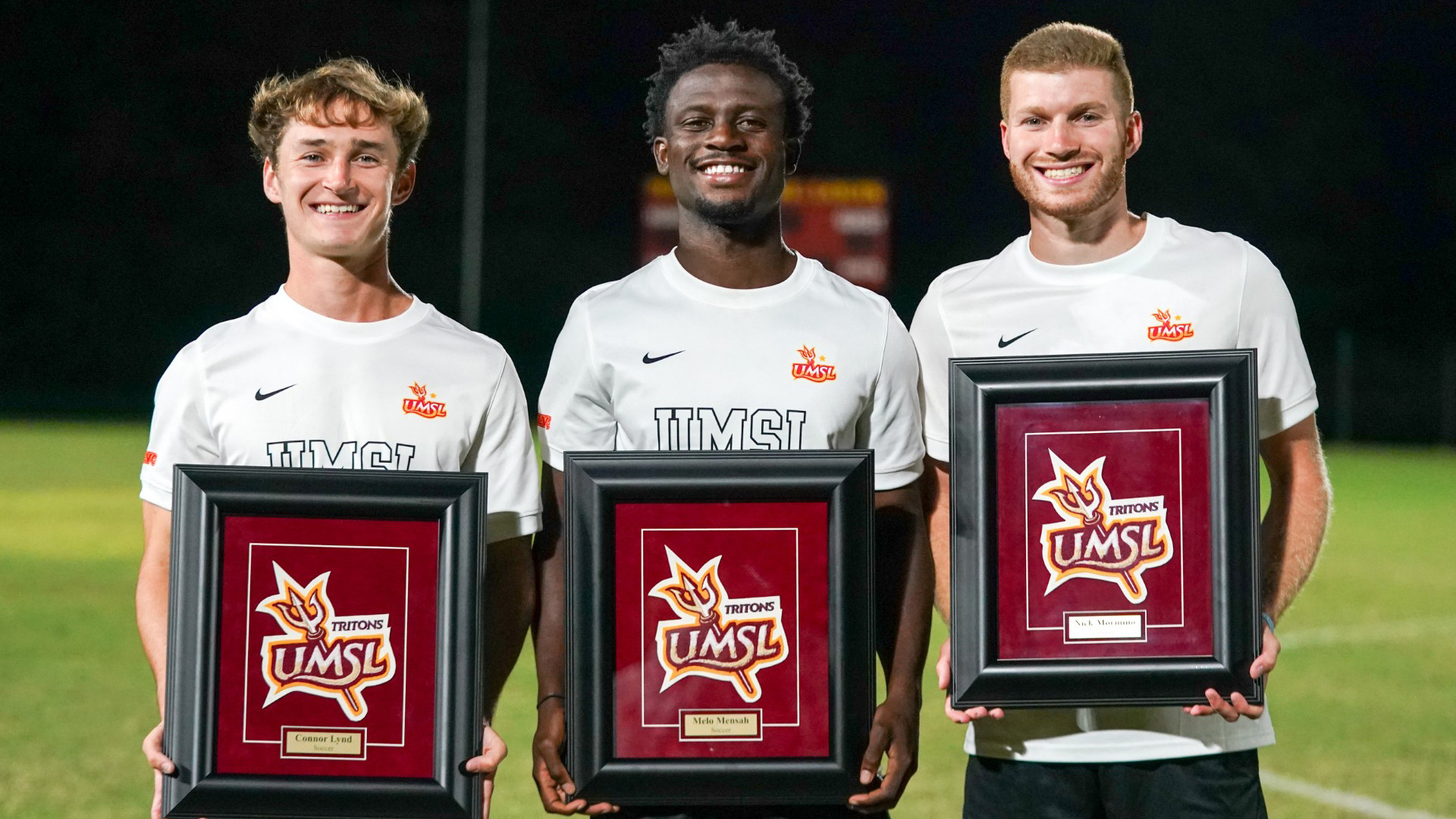 UMSL men's soccer seniors (from left): Connor Lynd, Melo Mensah and Nick Mormino