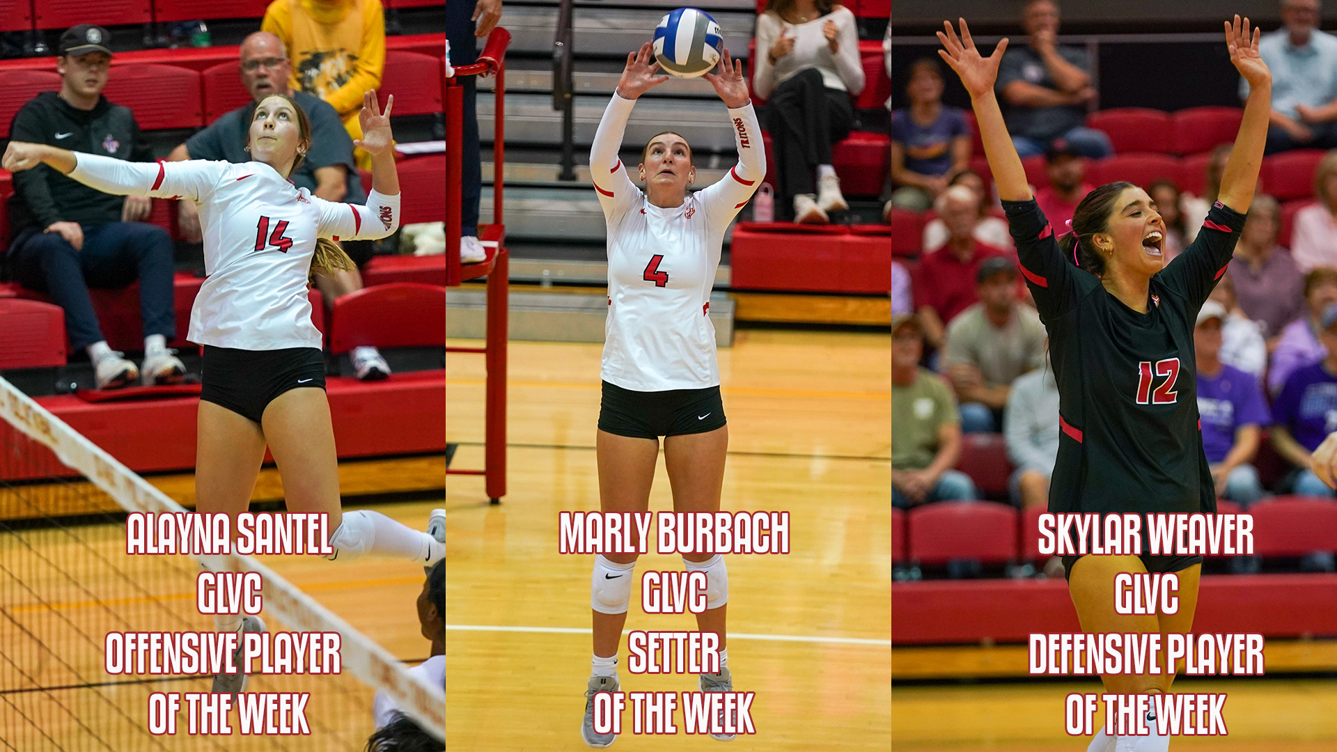 University of Missouri-St. Louis volleyball players Alayna Santel (L), Marly Burbach (C) and Skylar Weaver (R) were named the Great Lakes Valley Conference Players of the Week on Monday