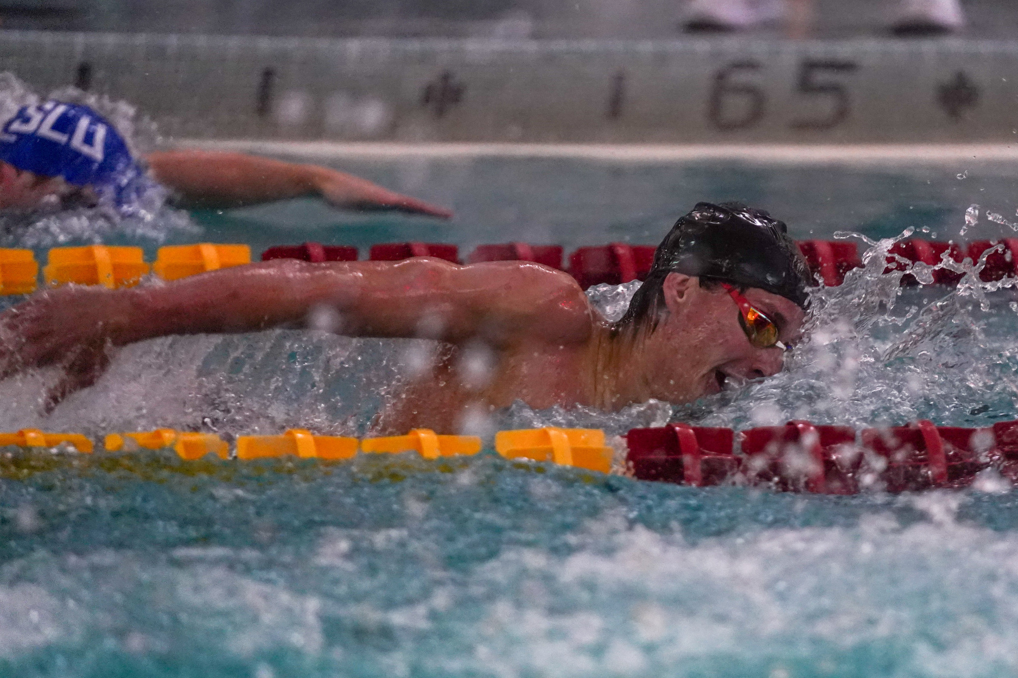 Mikael Larsson swims a distance race in a dual meet against Saint Louis University