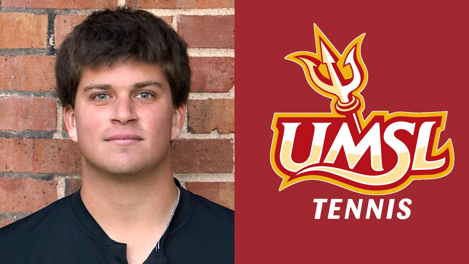 Head shot of men's tennis player Giacomo Valerga (left) and UMSL men's tennis logo (right)