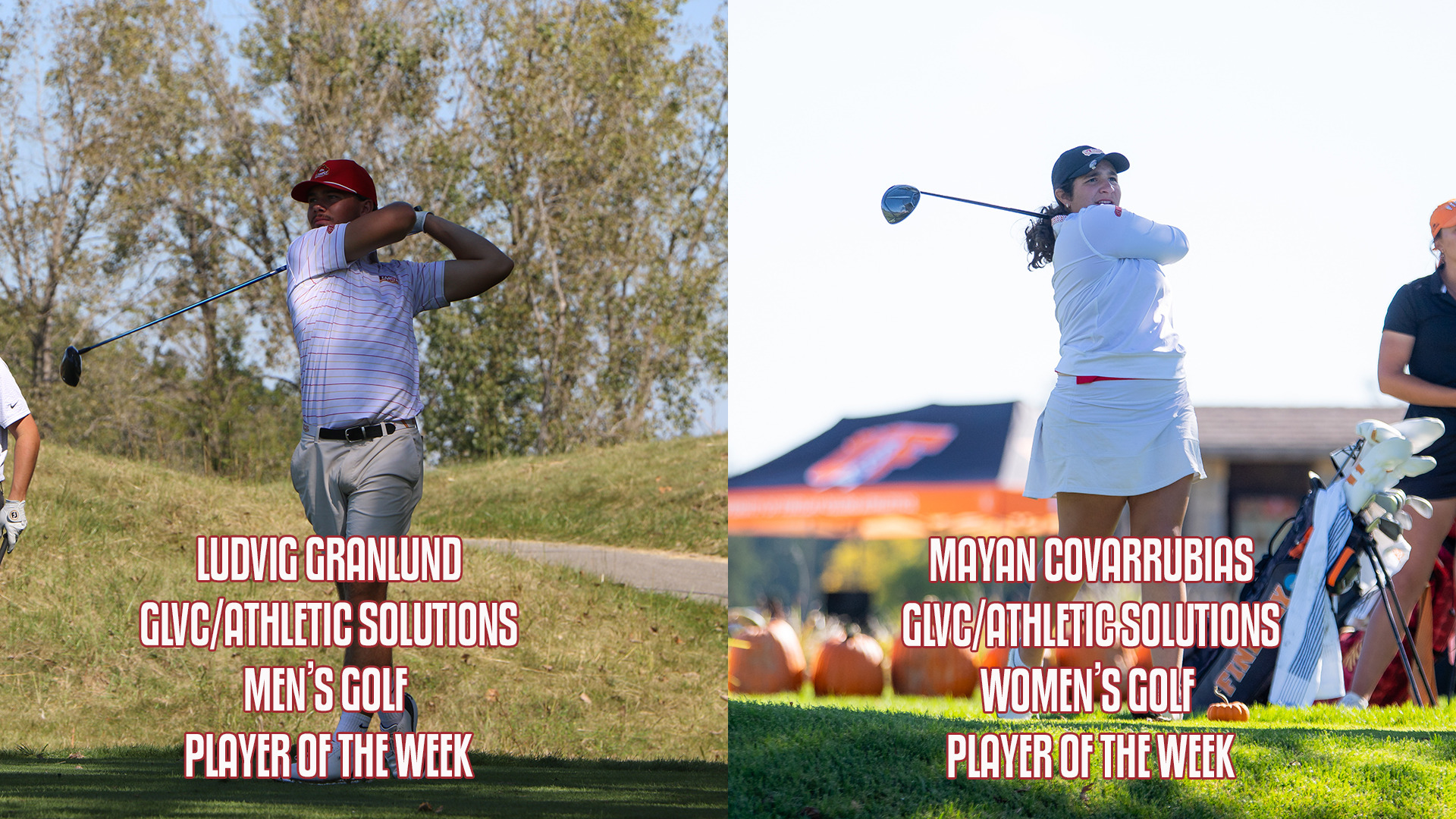 UMSL's Ludvig Granlund (L) and Mayan Covarrubias (R) were named the Great Lakes Valley Conference/Athletic Solutions Men's and Women's Golf Players of the Week