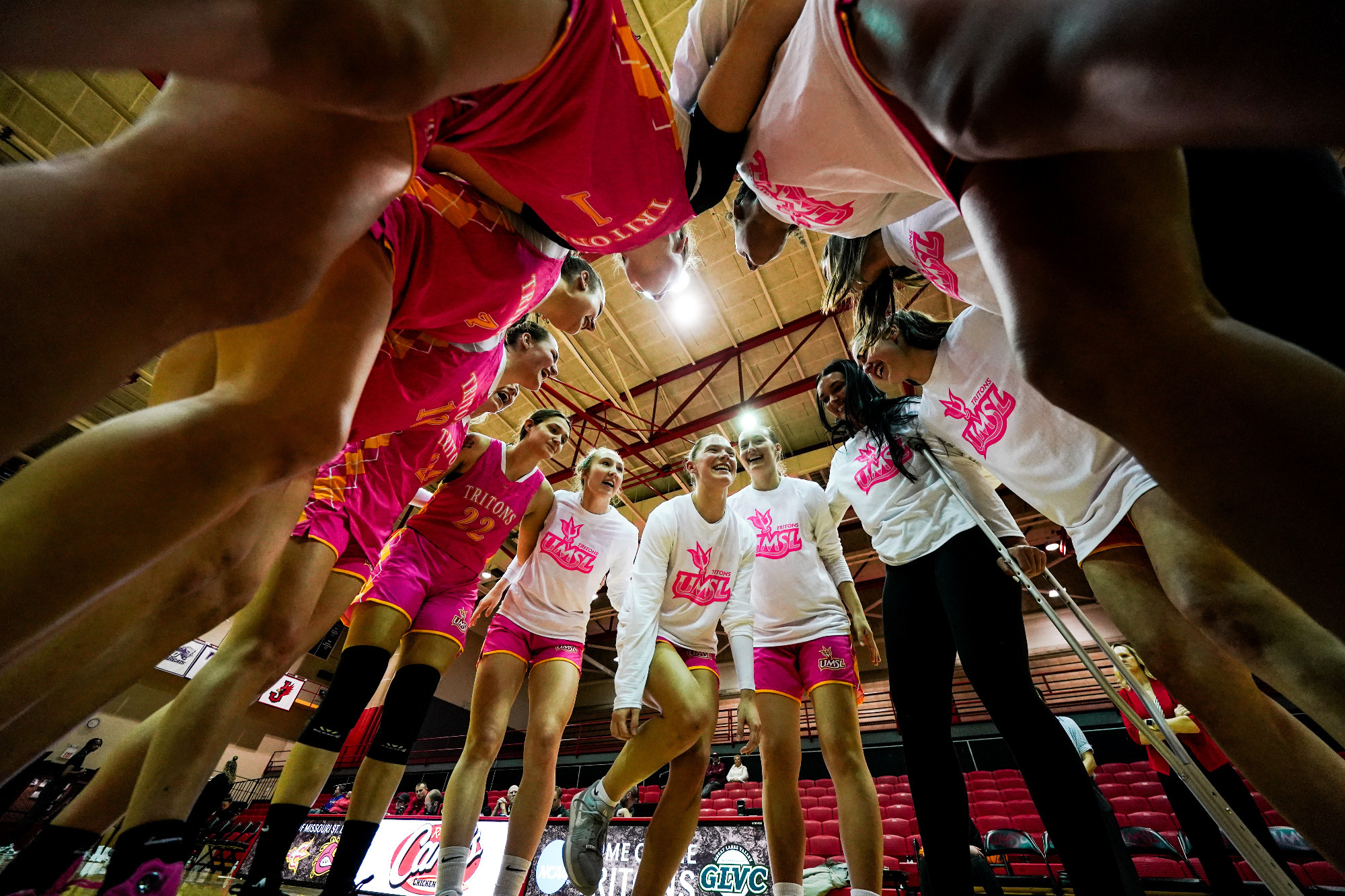 UMSL Women's Basketball players gather in a pre-game huddle before their game against UINdy on February 5, 2026