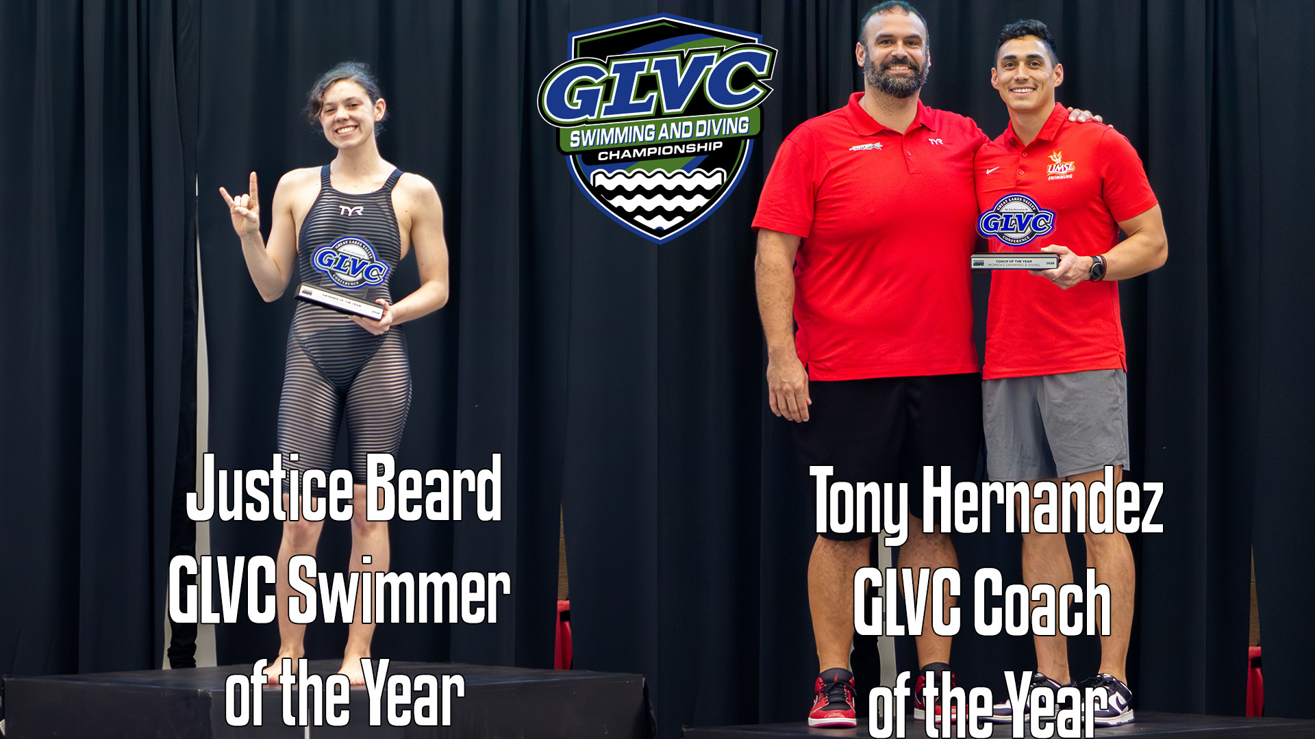 Justice Beard (left) was named the Great Lakes Valley Conference Women's Swimmer of the Year and Tony Hernandez (right) with assistant coach Kale Kirchner (left)was named the GLVC's Women's Swimming Coach of the Year on Saturday (February 14) evening.