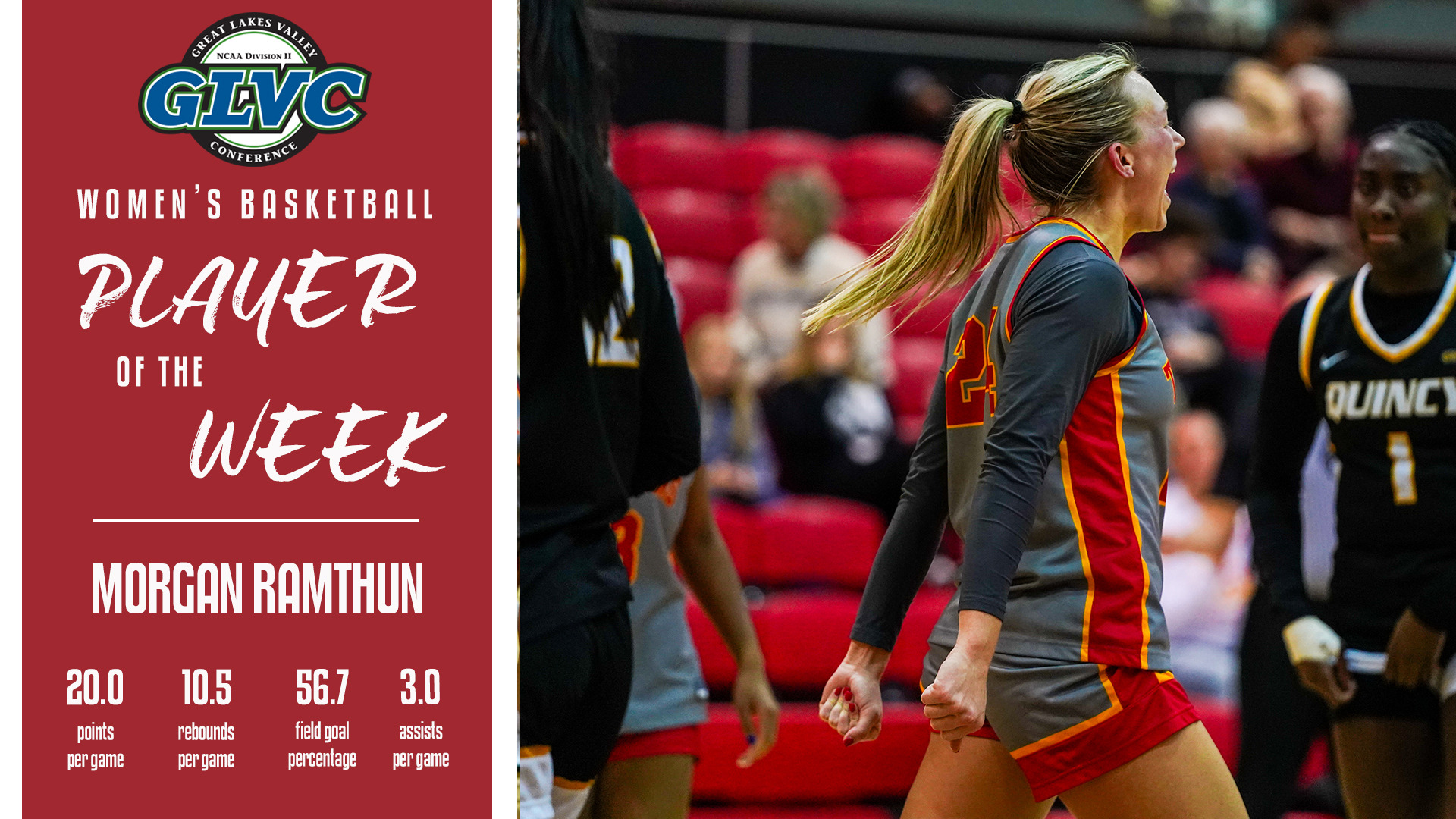 Morgan Ramthun named Great Lakes Valley Conference Women's Basketball Player of the Week after averaging 20.0 points, 10.5 rebounds and 3.0 steals per game in wins over Truman State and William Jewell.