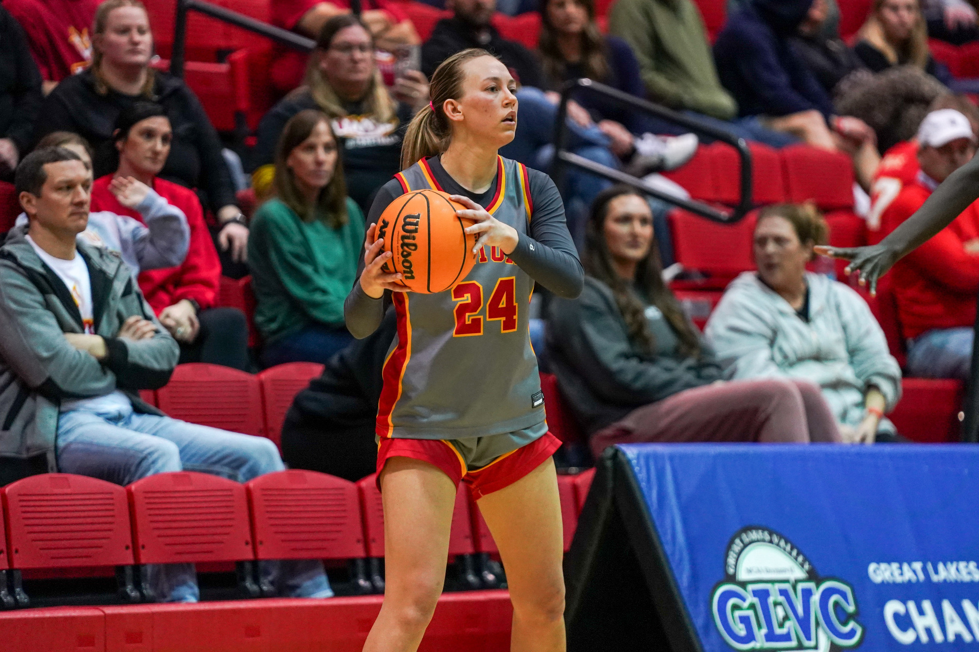 Morgan Ramthun looks to make a pass in the GLVC semifinal contest against Lewis on March 7, 2026